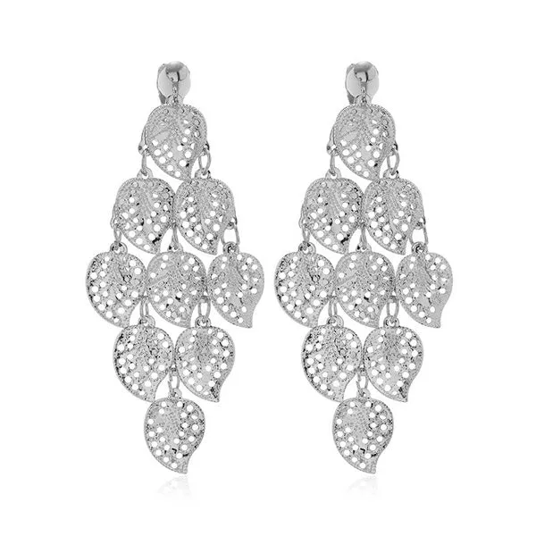 Metal Stitching Leaf Earrings Silver Clip On