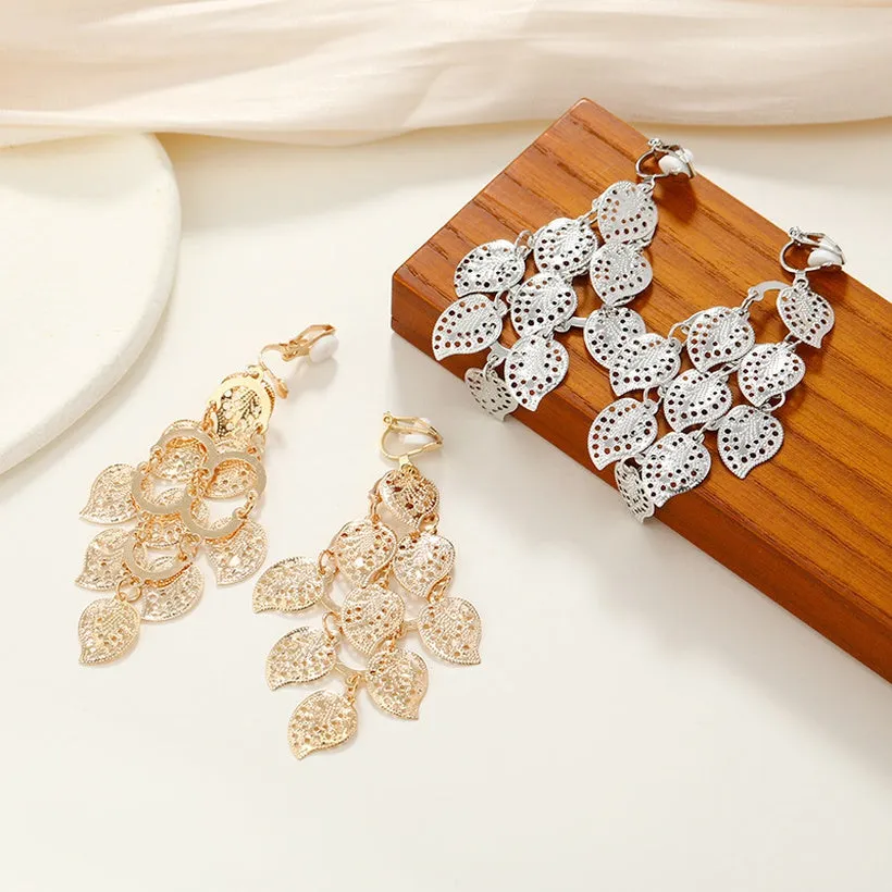 Metal Stitching Leaf Earrings Silver Clip On