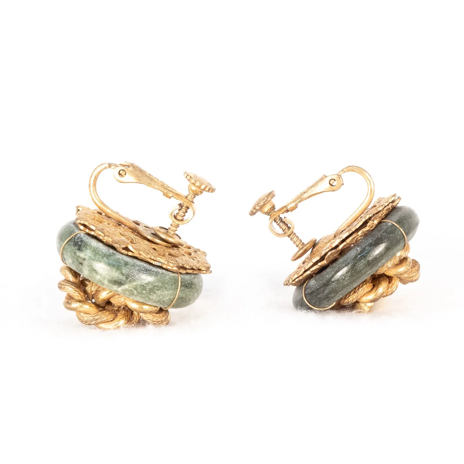 Miriam Haskell Green Stone Circle Chain Link Cluster Earrings