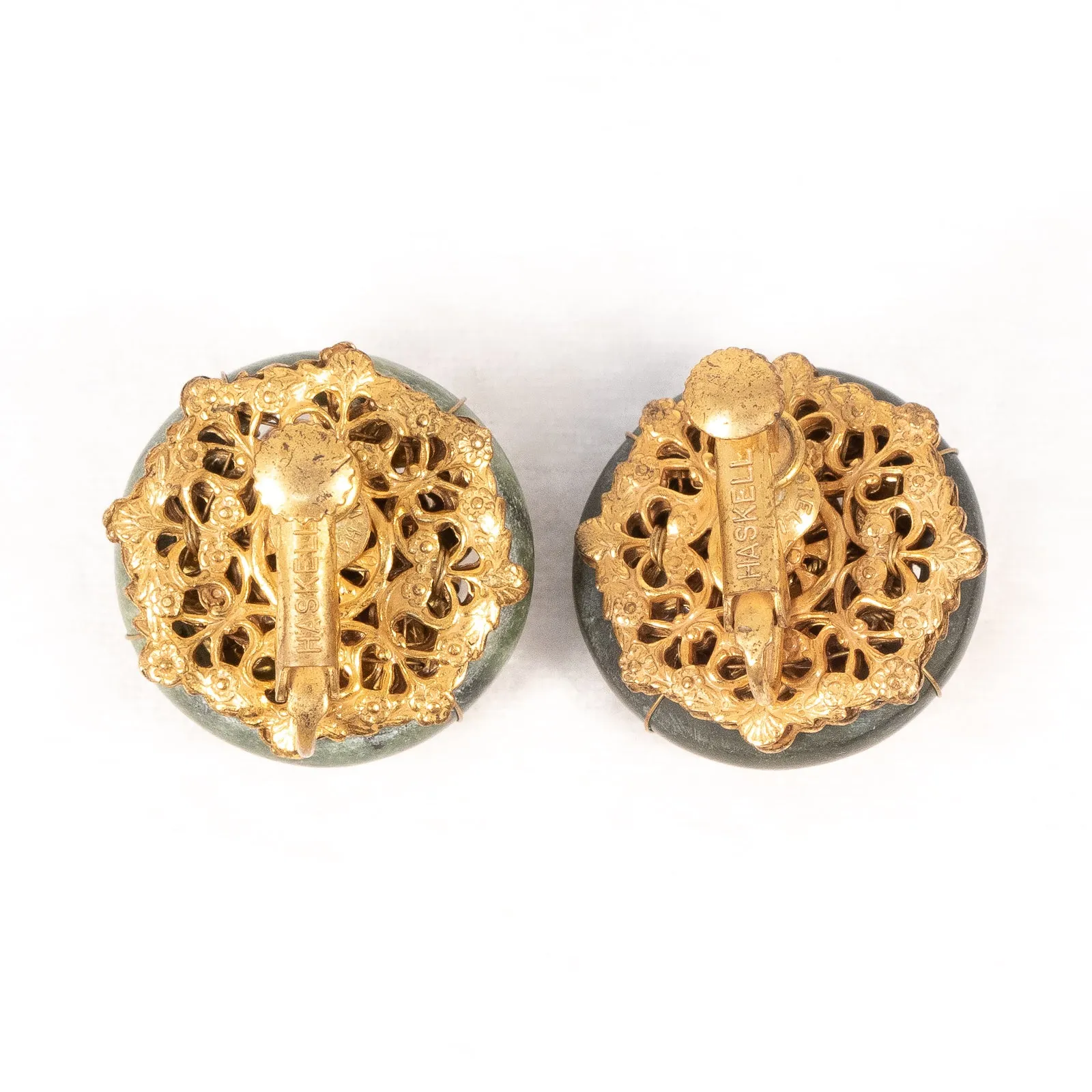 Miriam Haskell Green Stone Circle Chain Link Cluster Earrings