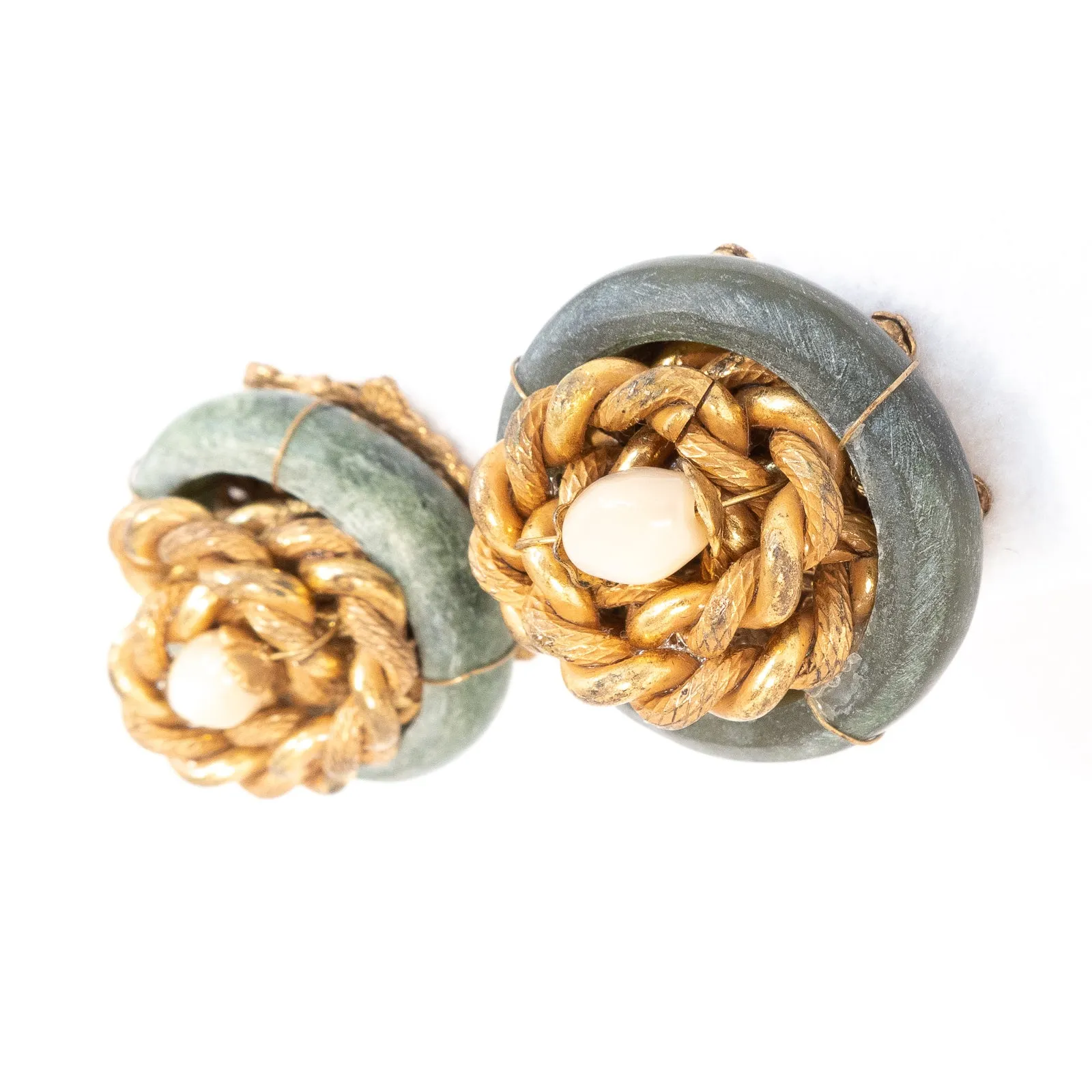Miriam Haskell Green Stone Circle Chain Link Cluster Earrings
