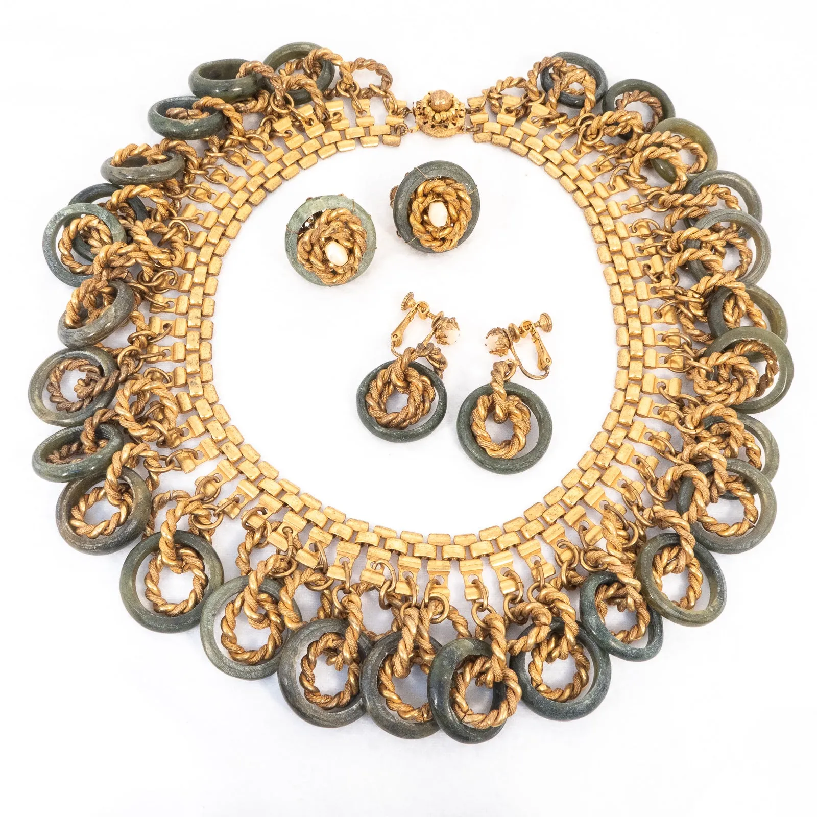 Miriam Haskell Green Stone Circle Chain Link Cluster Earrings