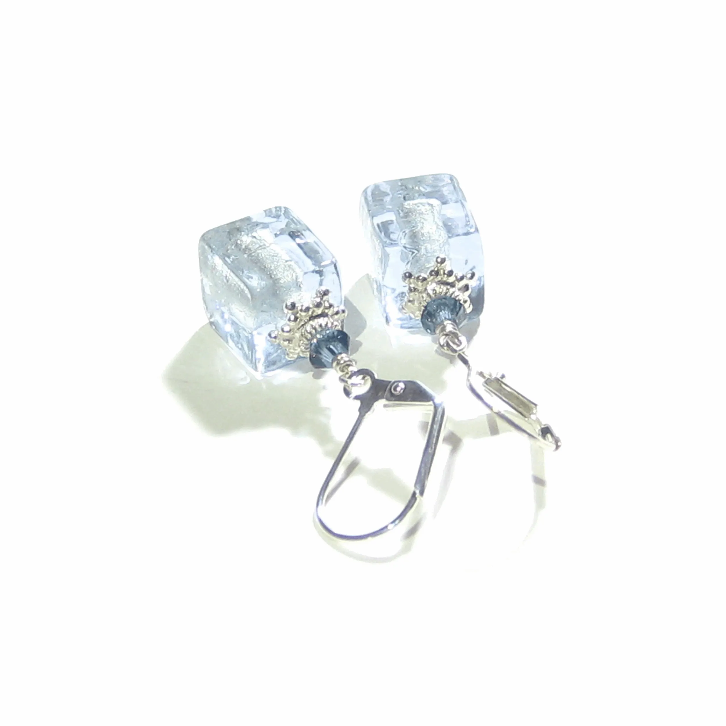 Murano Glass Alexandrite Blue Cube Silver Earrings