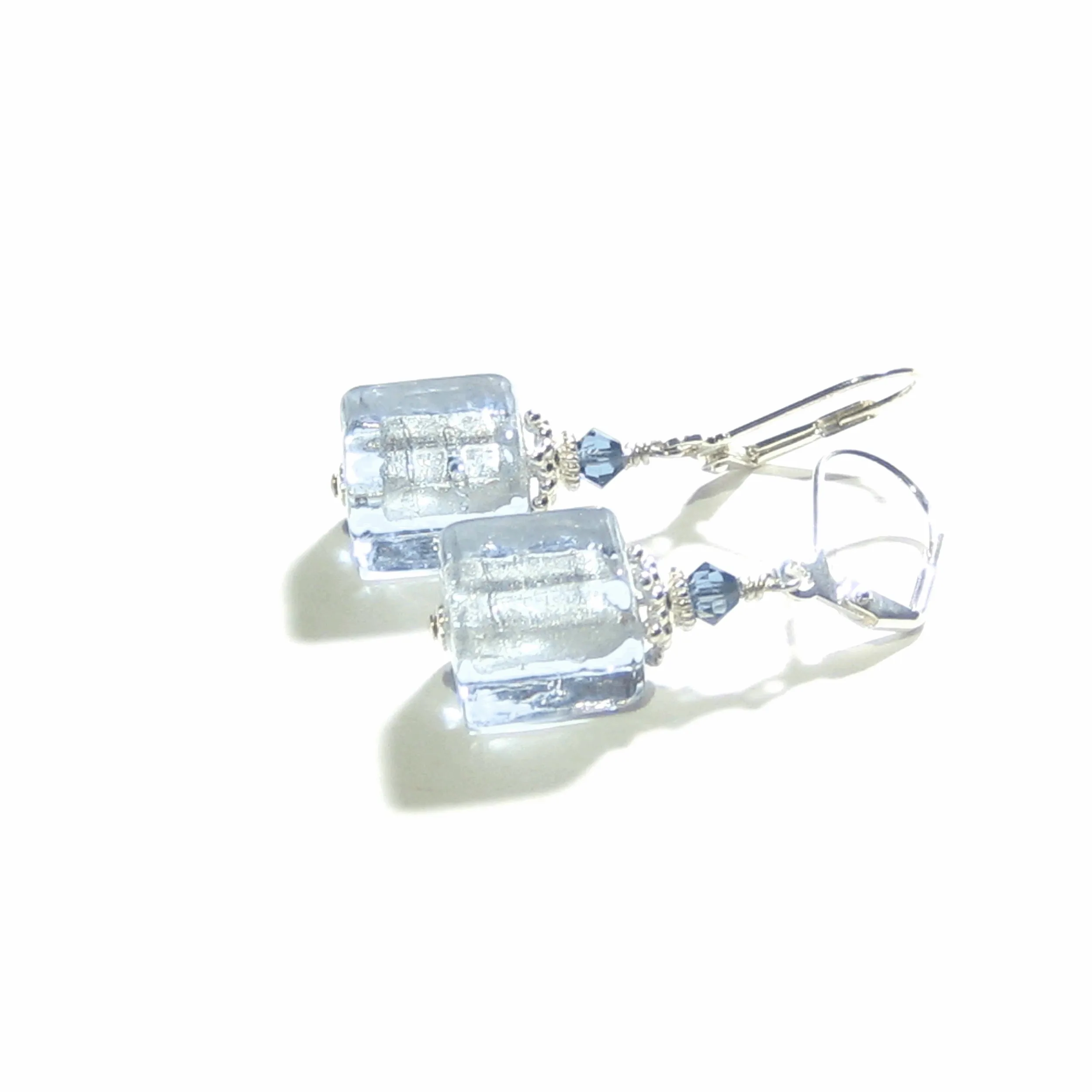 Murano Glass Alexandrite Blue Cube Silver Earrings