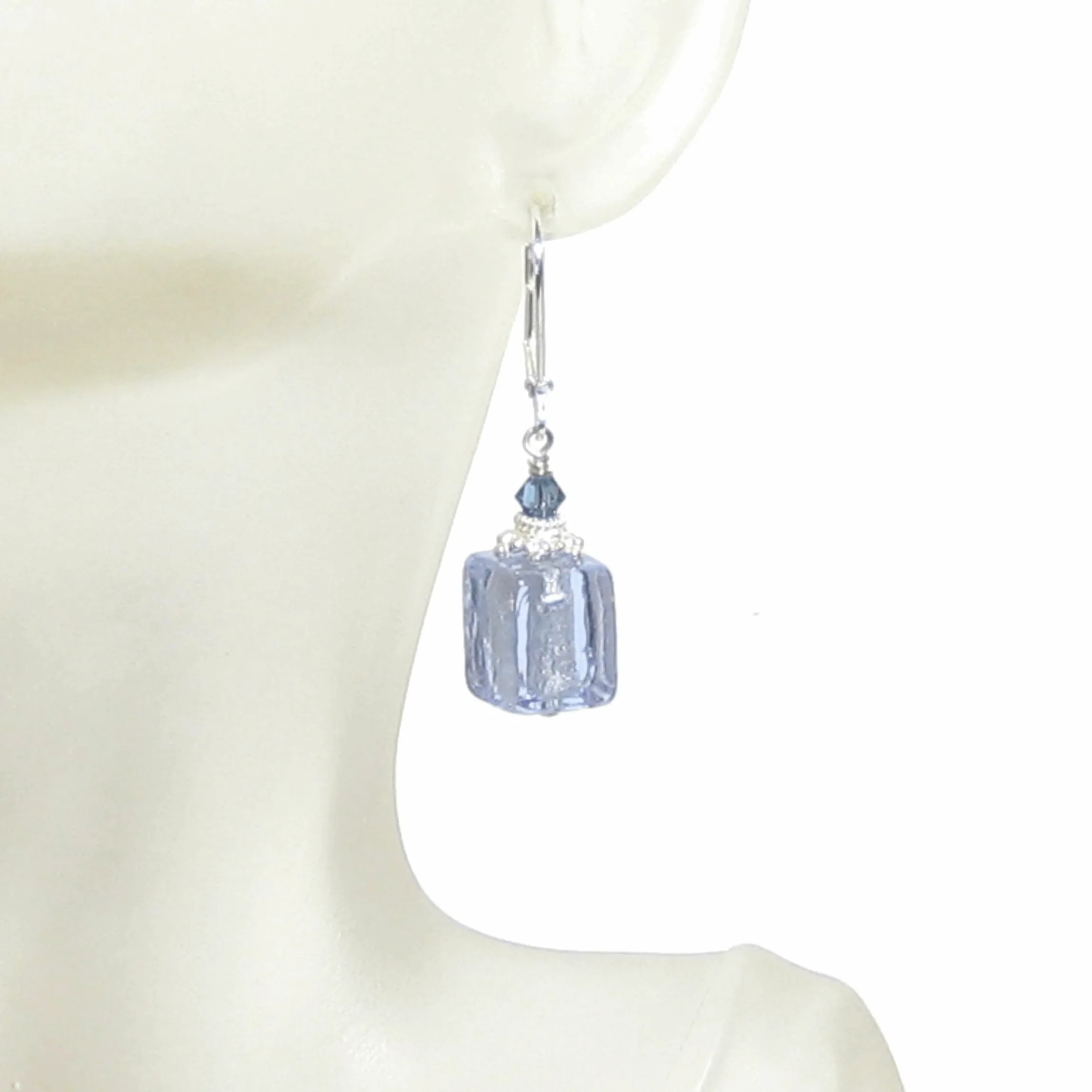Murano Glass Alexandrite Blue Cube Silver Earrings