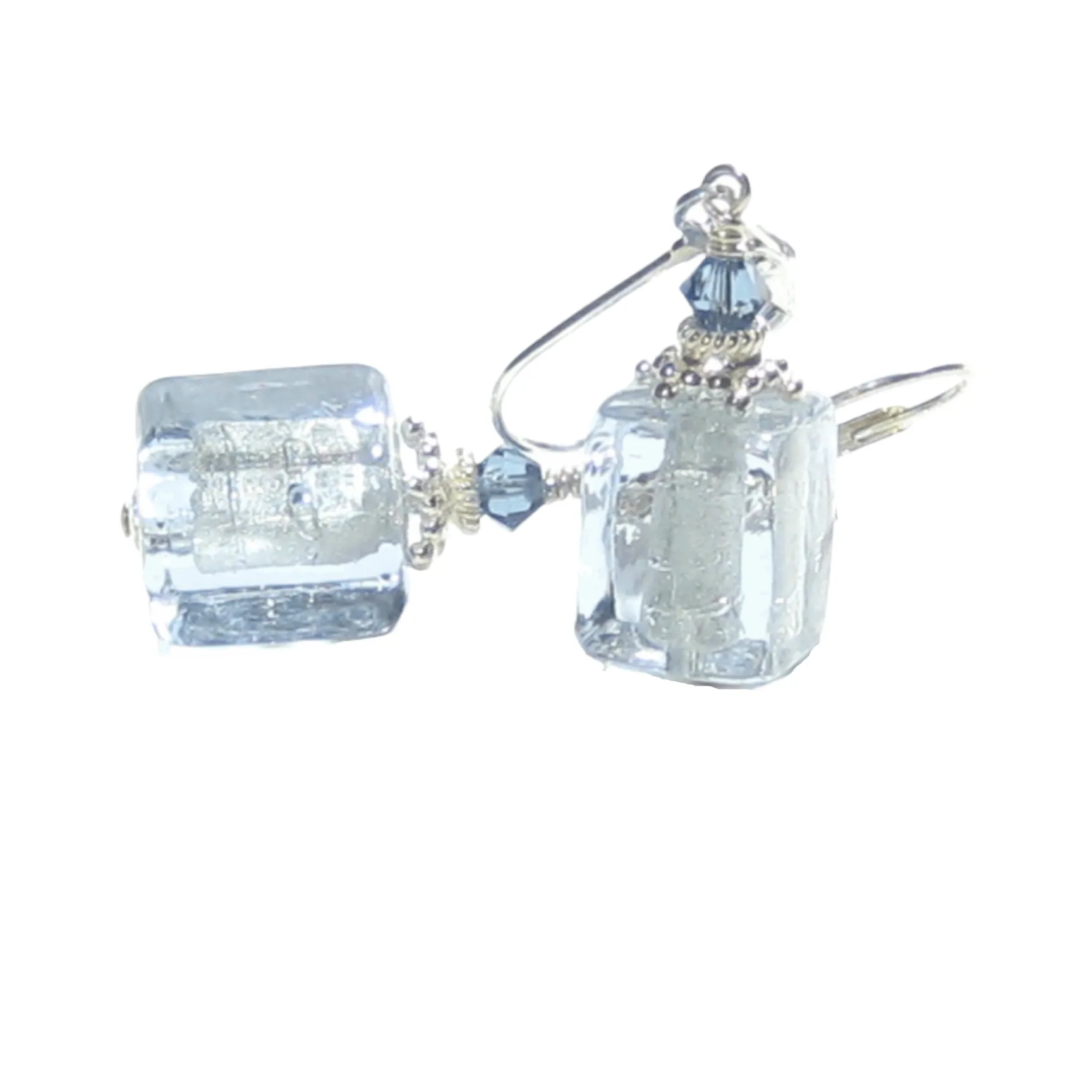 Murano Glass Alexandrite Blue Cube Silver Earrings