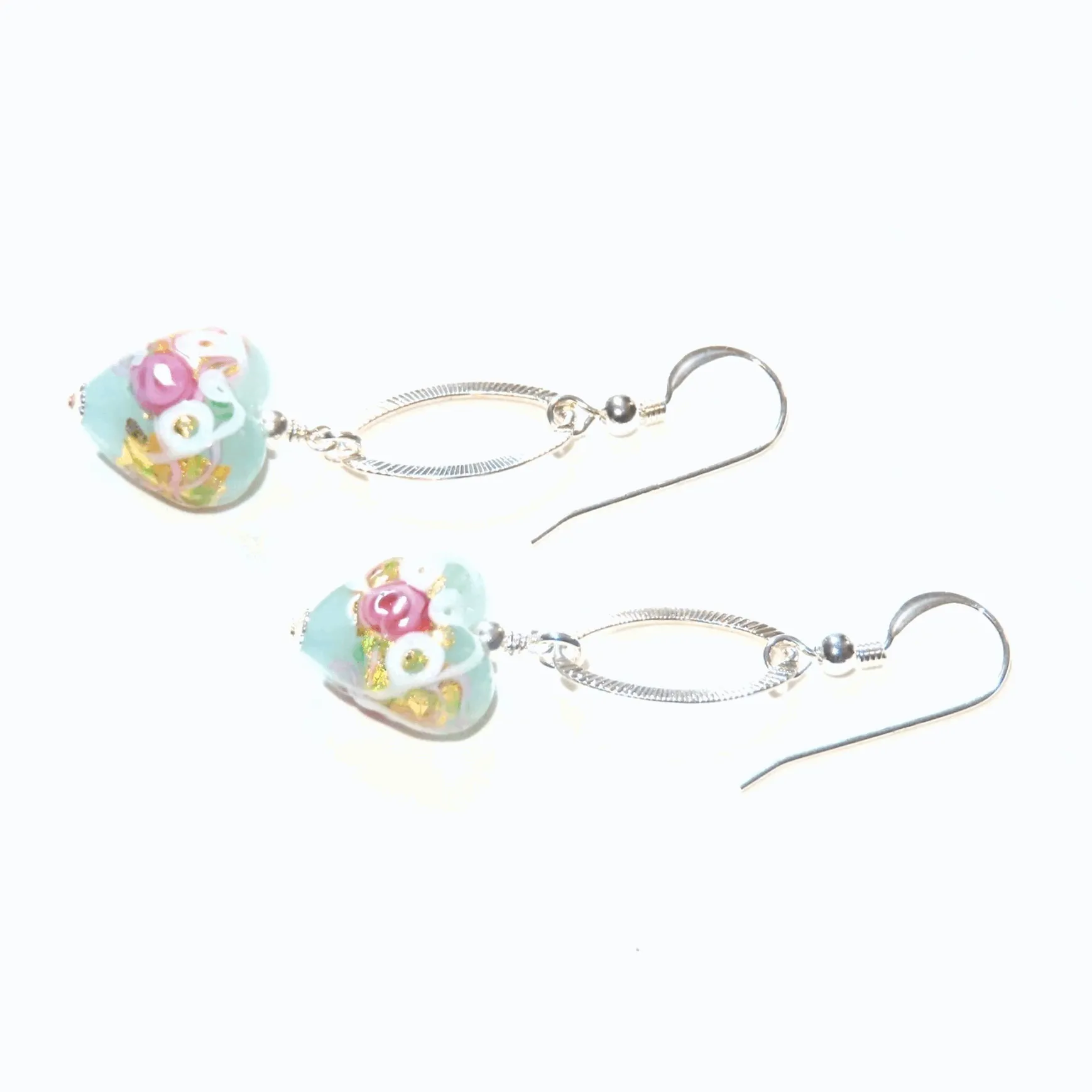 Murano Glass Aquamarine Heart Wedding Cake Long Silver Earrings