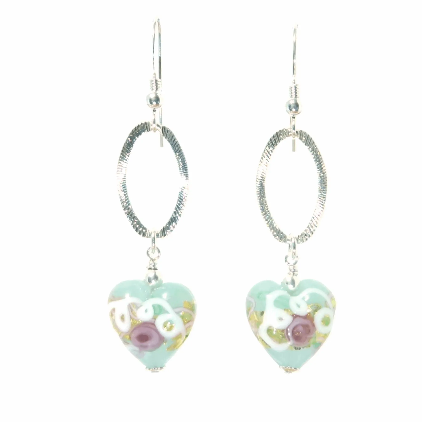 Murano Glass Aquamarine Heart Wedding Cake Long Silver Earrings