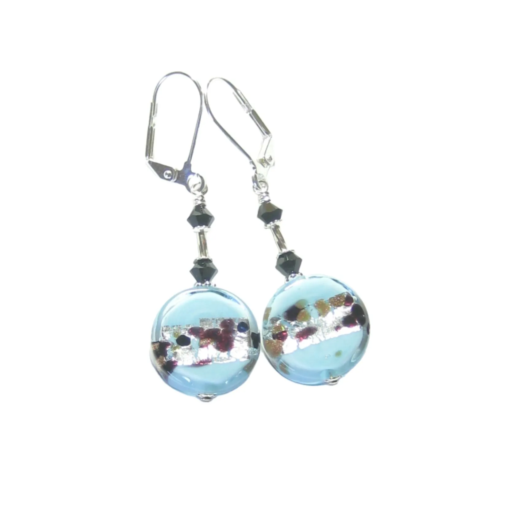 Murano Glass Aquamarine Leopard Coin Sterling Silver Earrings