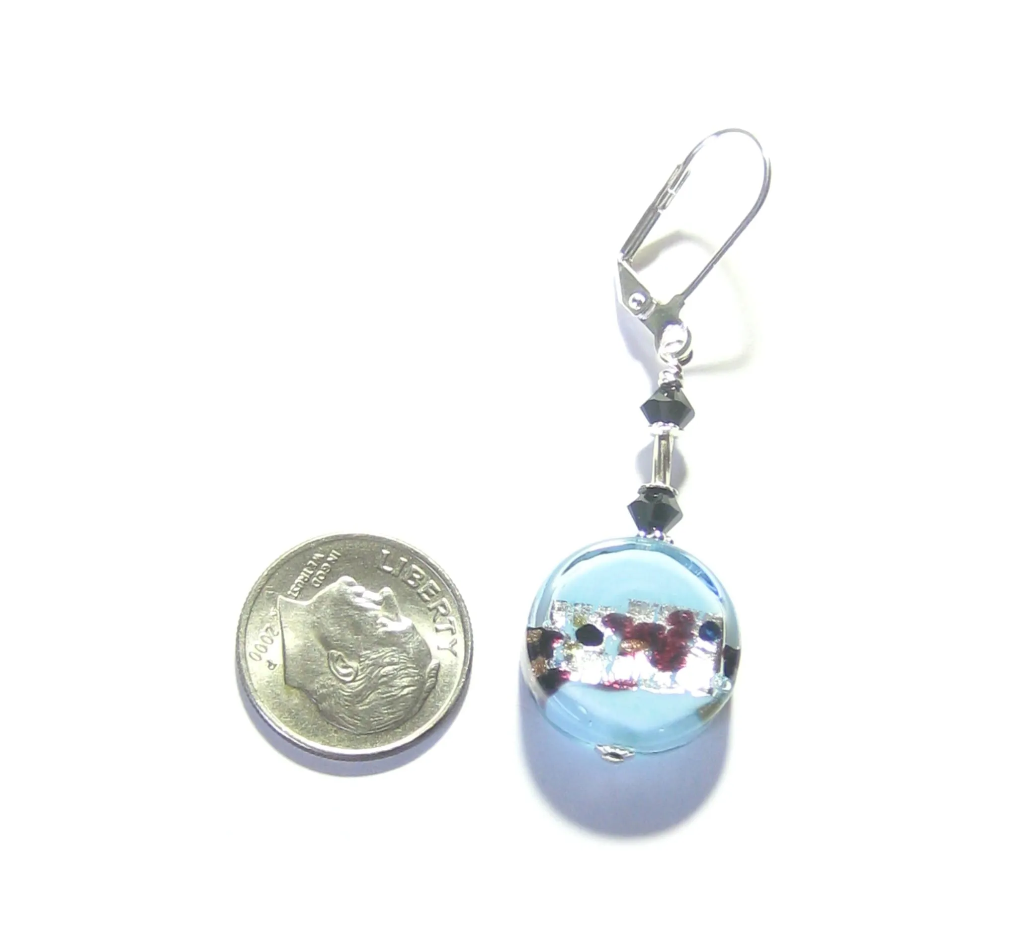Murano Glass Aquamarine Leopard Coin Sterling Silver Earrings