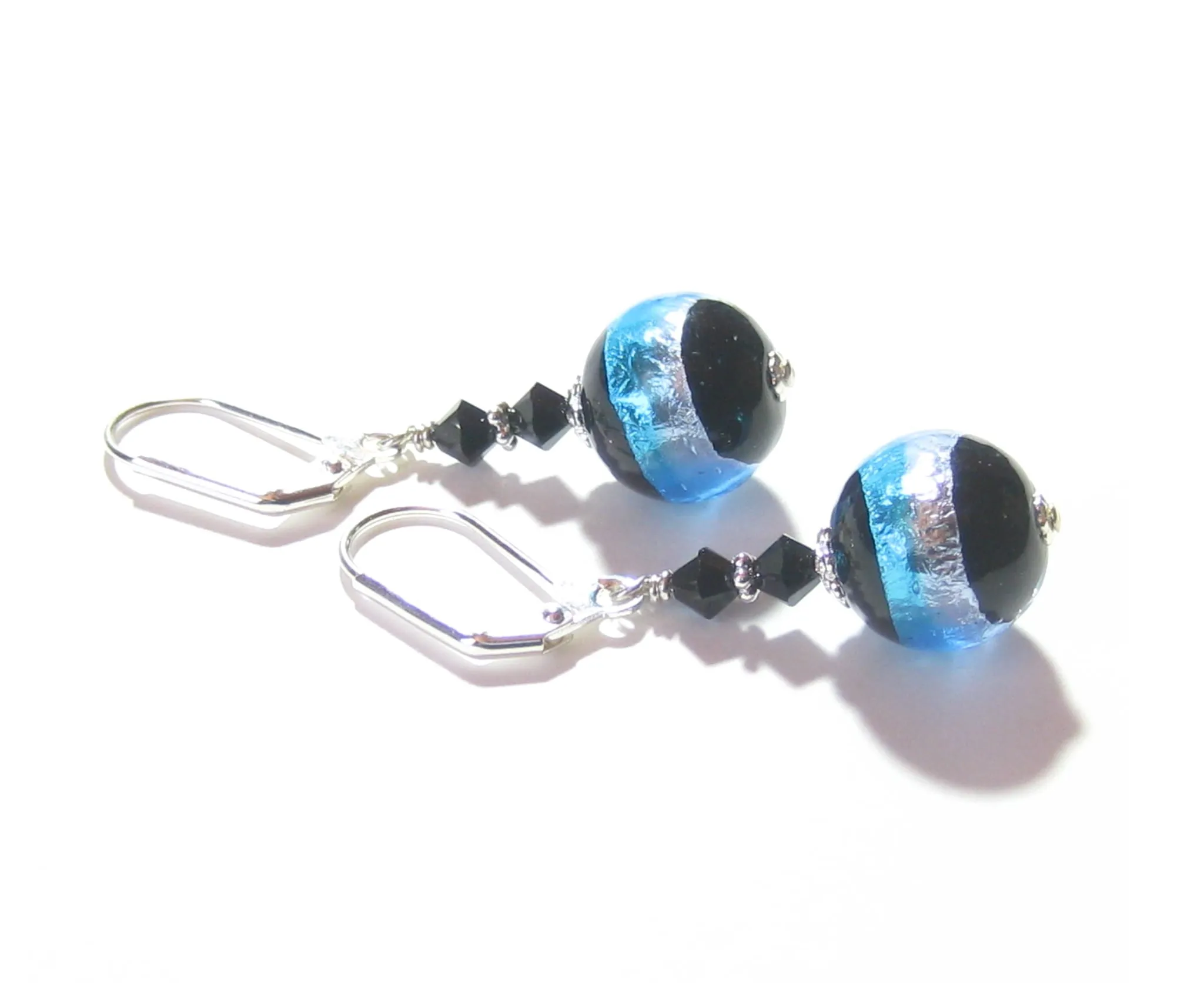 Murano Glass Black Aqua Striped Silver Earrings