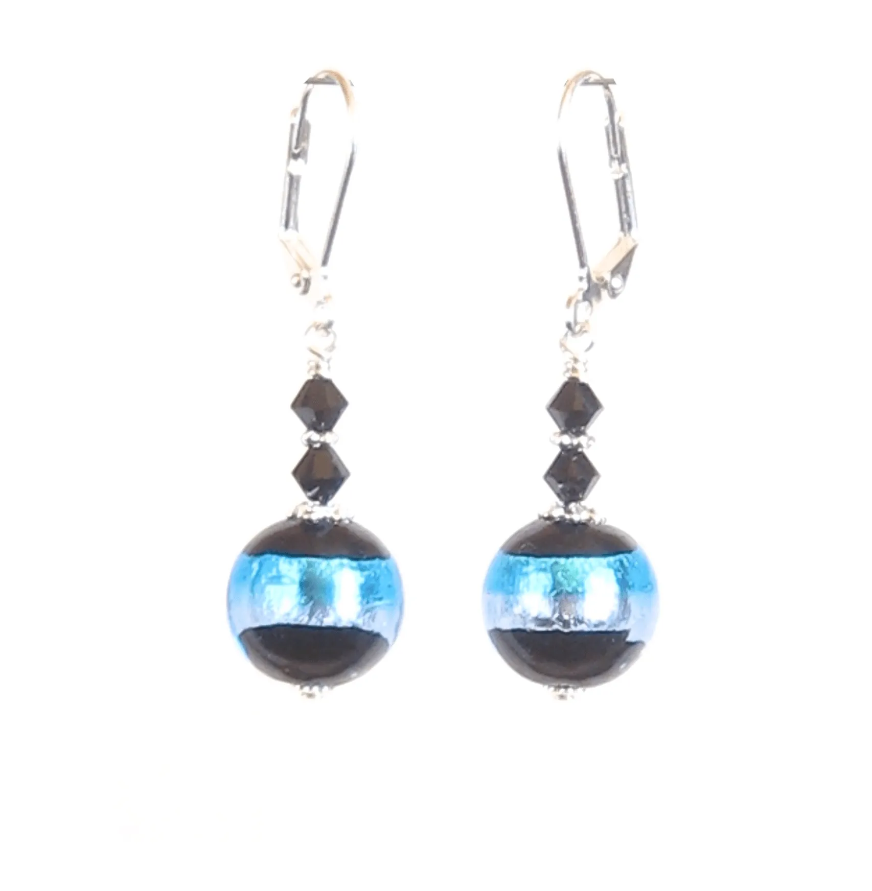 Murano Glass Black Aqua Striped Silver Earrings