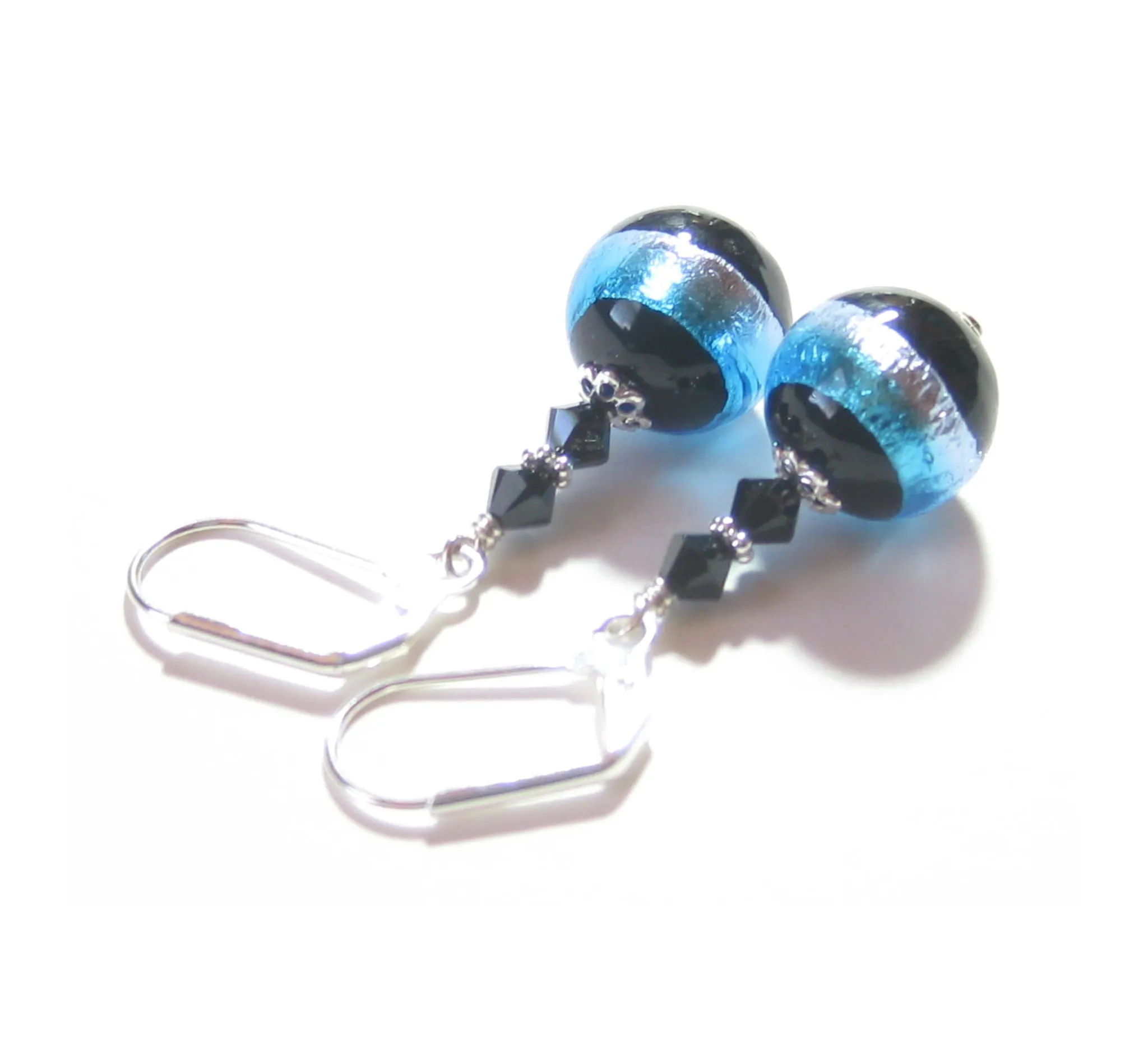 Murano Glass Black Aqua Striped Silver Earrings