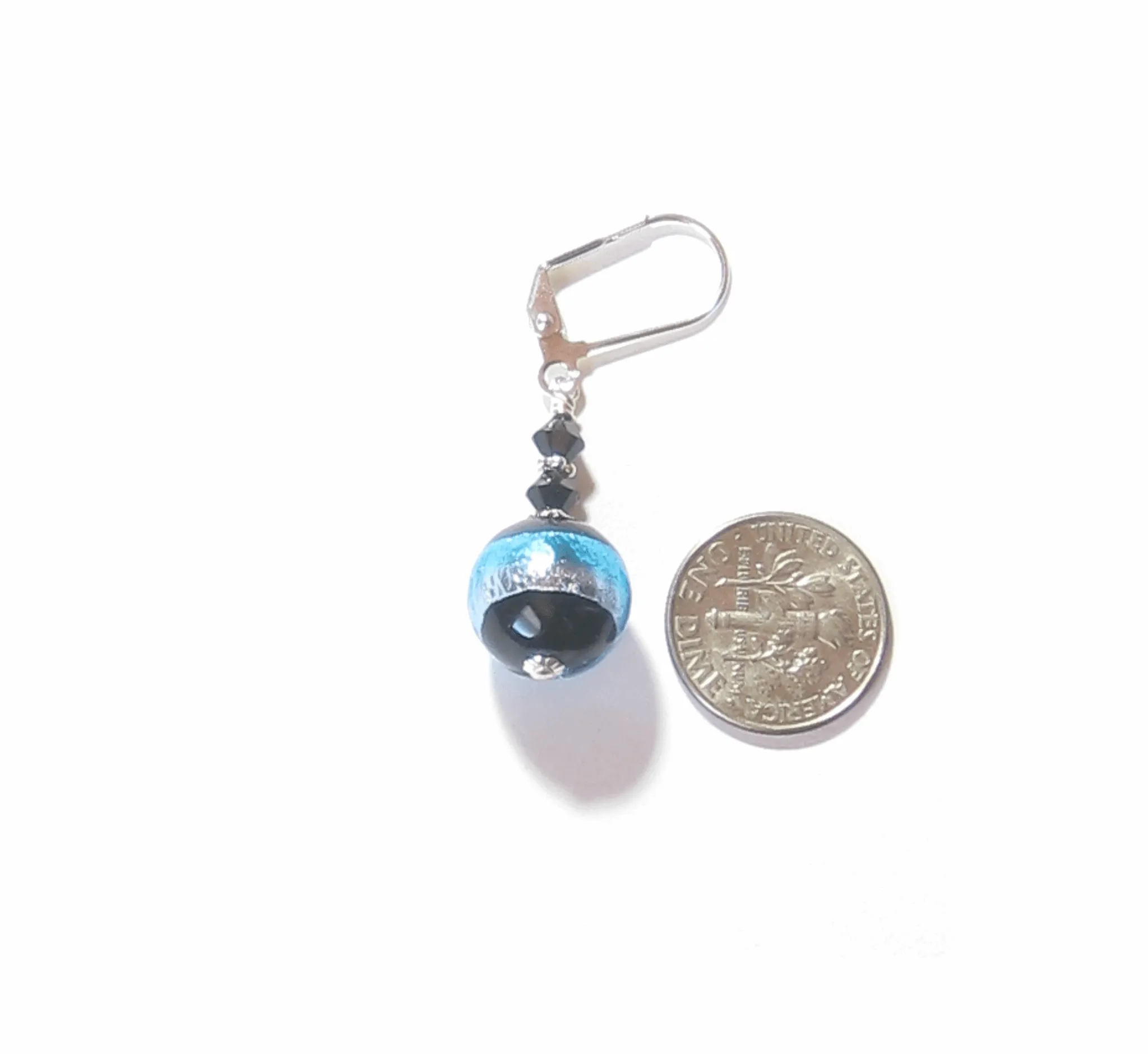 Murano Glass Black Aqua Striped Silver Earrings