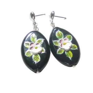 Murano Glass Black Oval Flower Sterling Silver Earrings