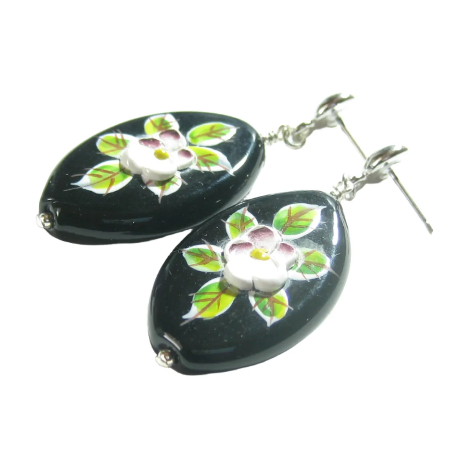 Murano Glass Black Oval Flower Sterling Silver Earrings