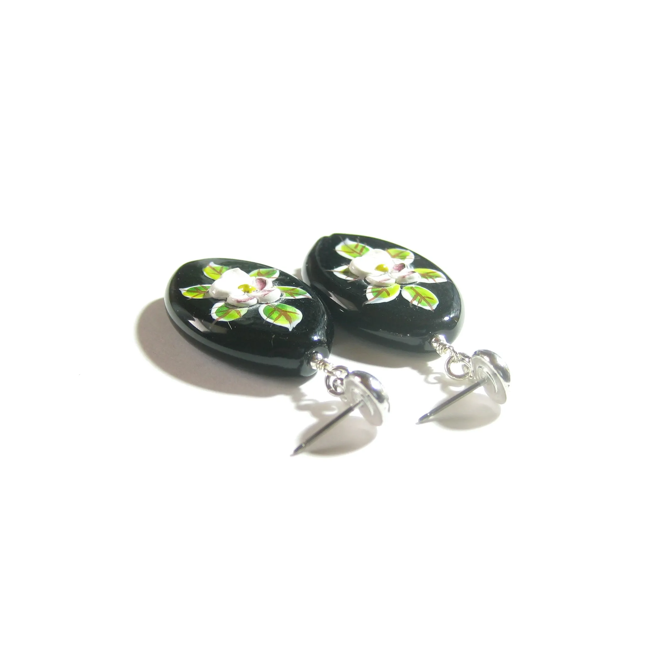 Murano Glass Black Oval Flower Sterling Silver Earrings