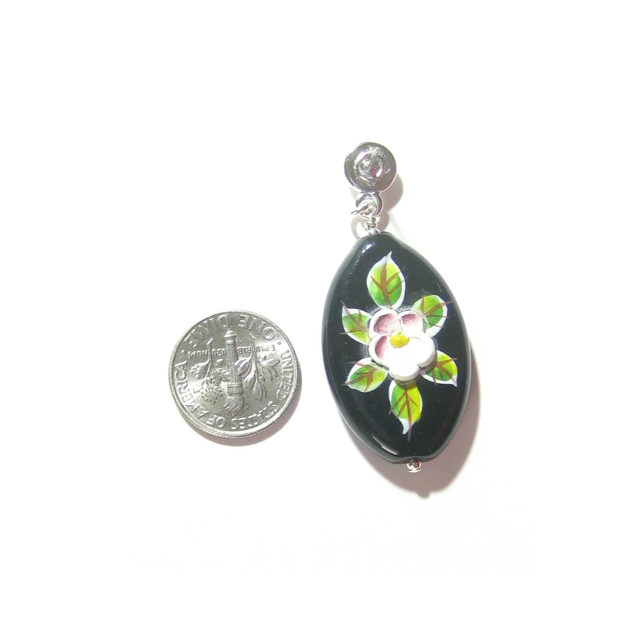 Murano Glass Black Oval Flower Sterling Silver Earrings