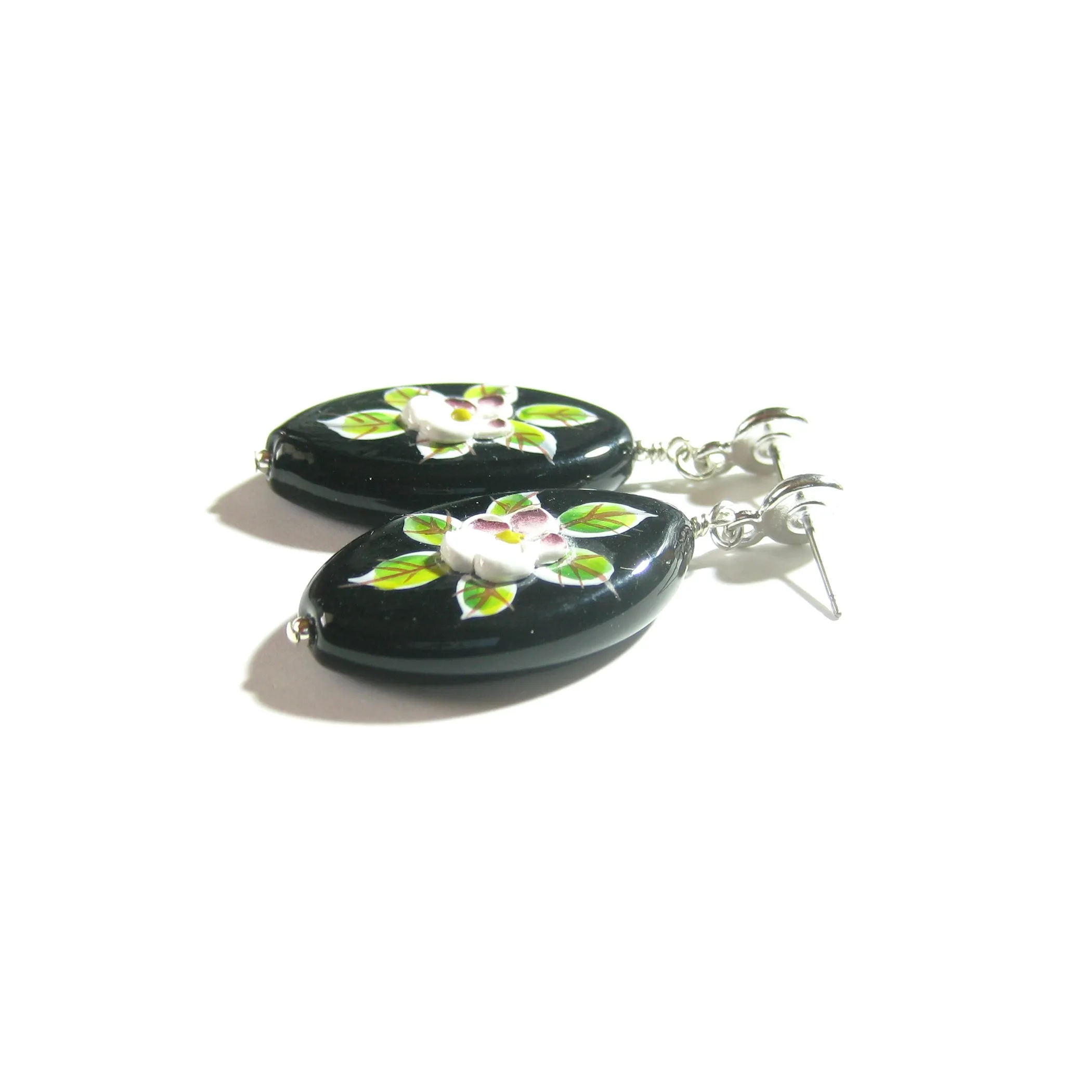 Murano Glass Black Oval Flower Sterling Silver Earrings