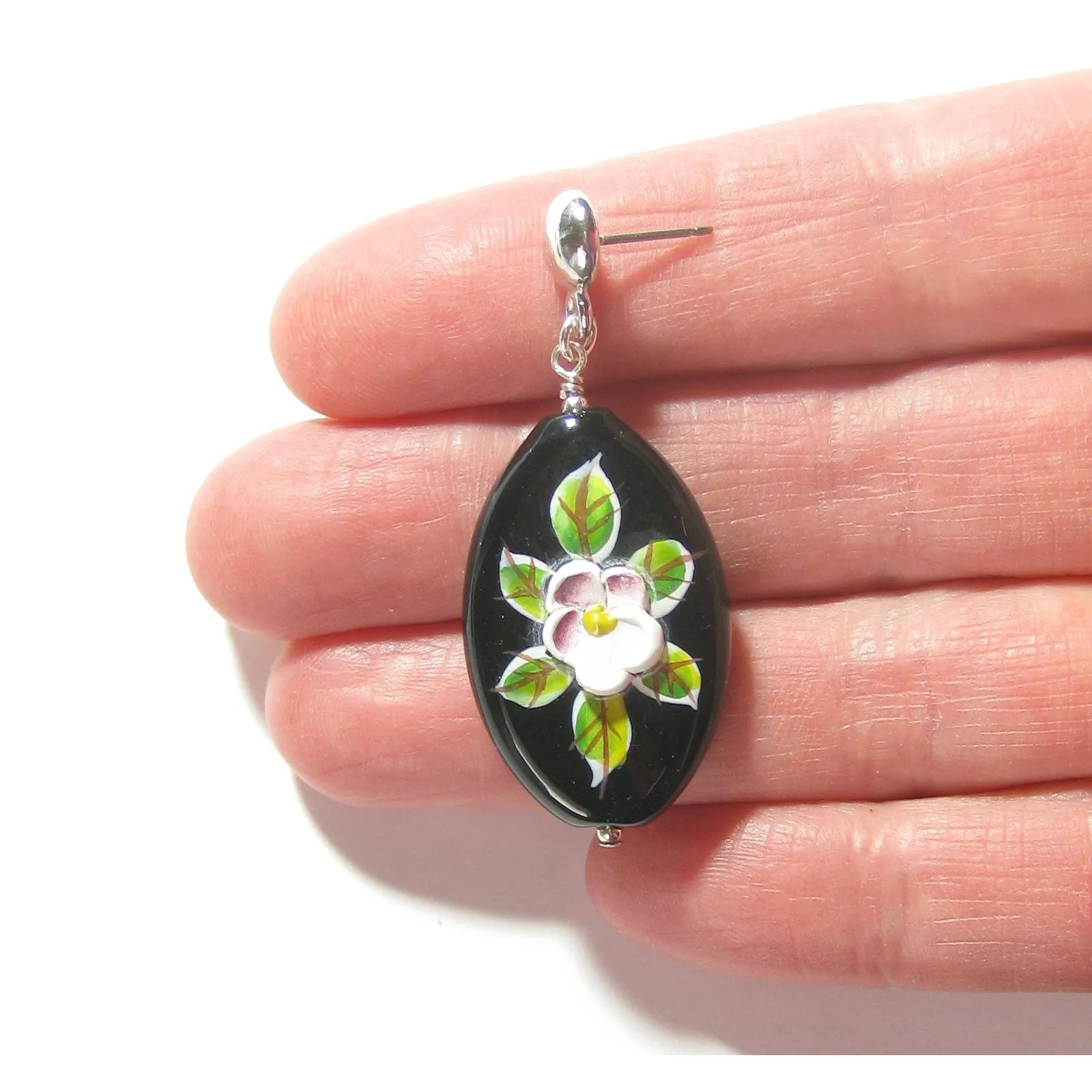 Murano Glass Black Oval Flower Sterling Silver Earrings