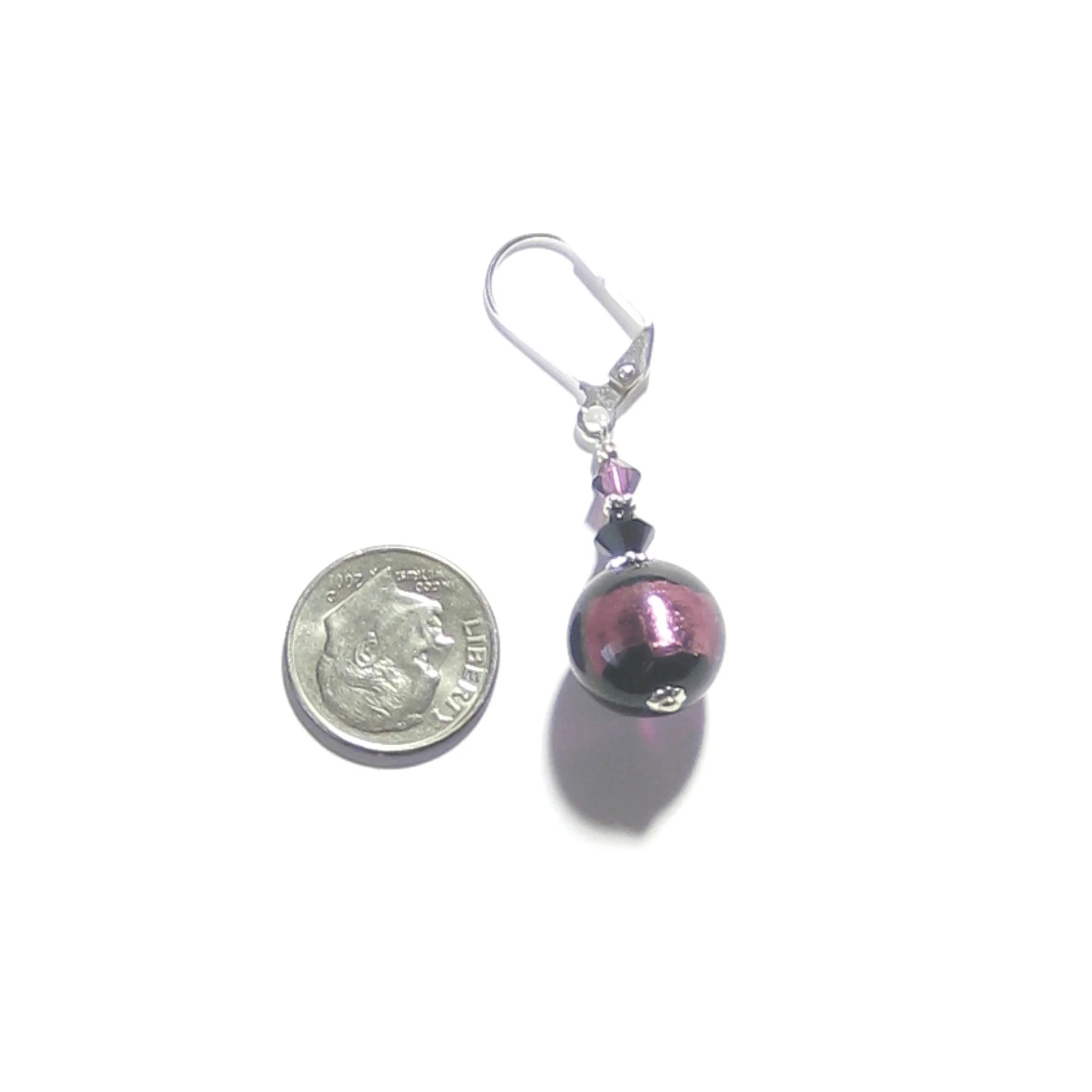 Murano Glass Black Purple Stripe Ball Sterling Silver Earrings