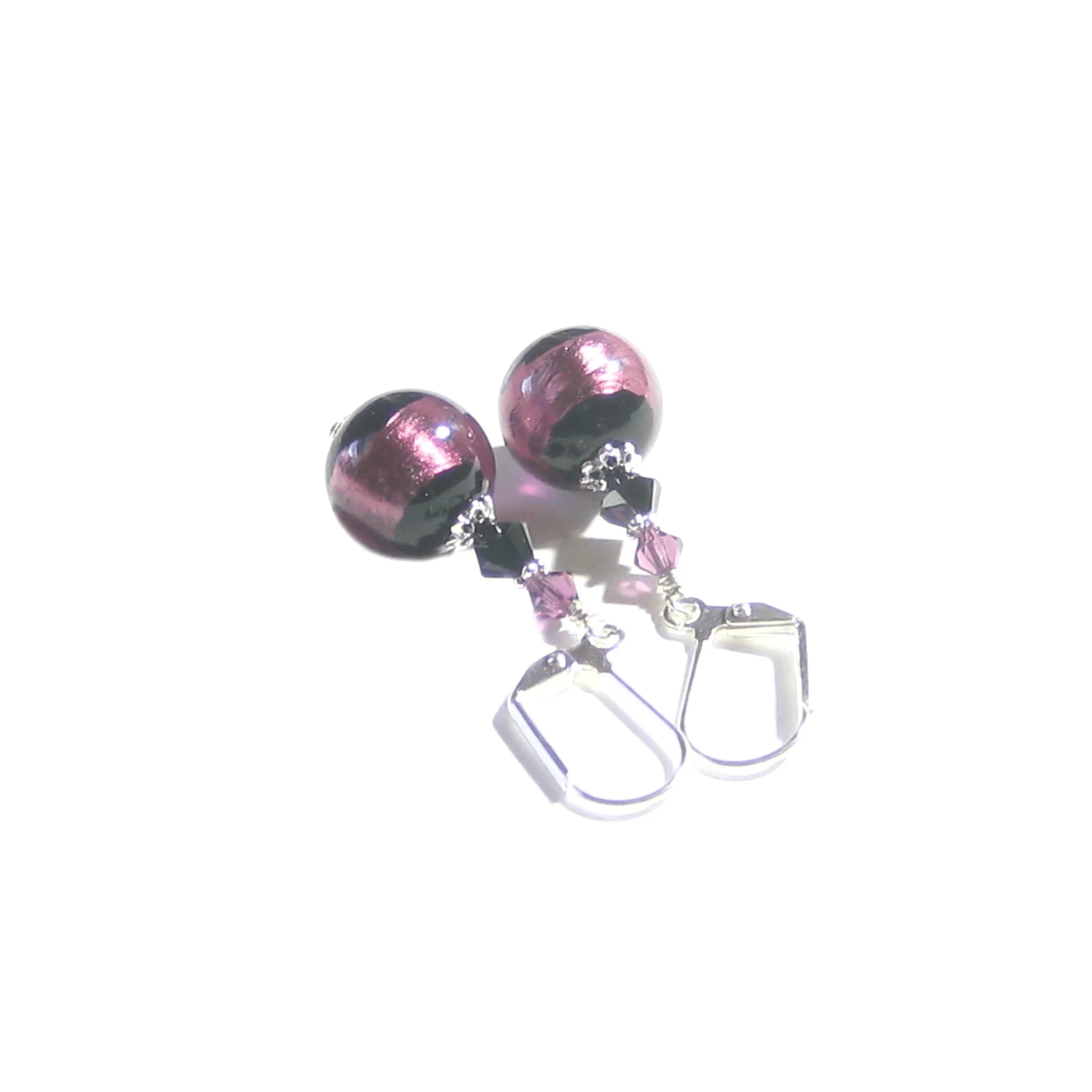 Murano Glass Black Purple Stripe Ball Sterling Silver Earrings