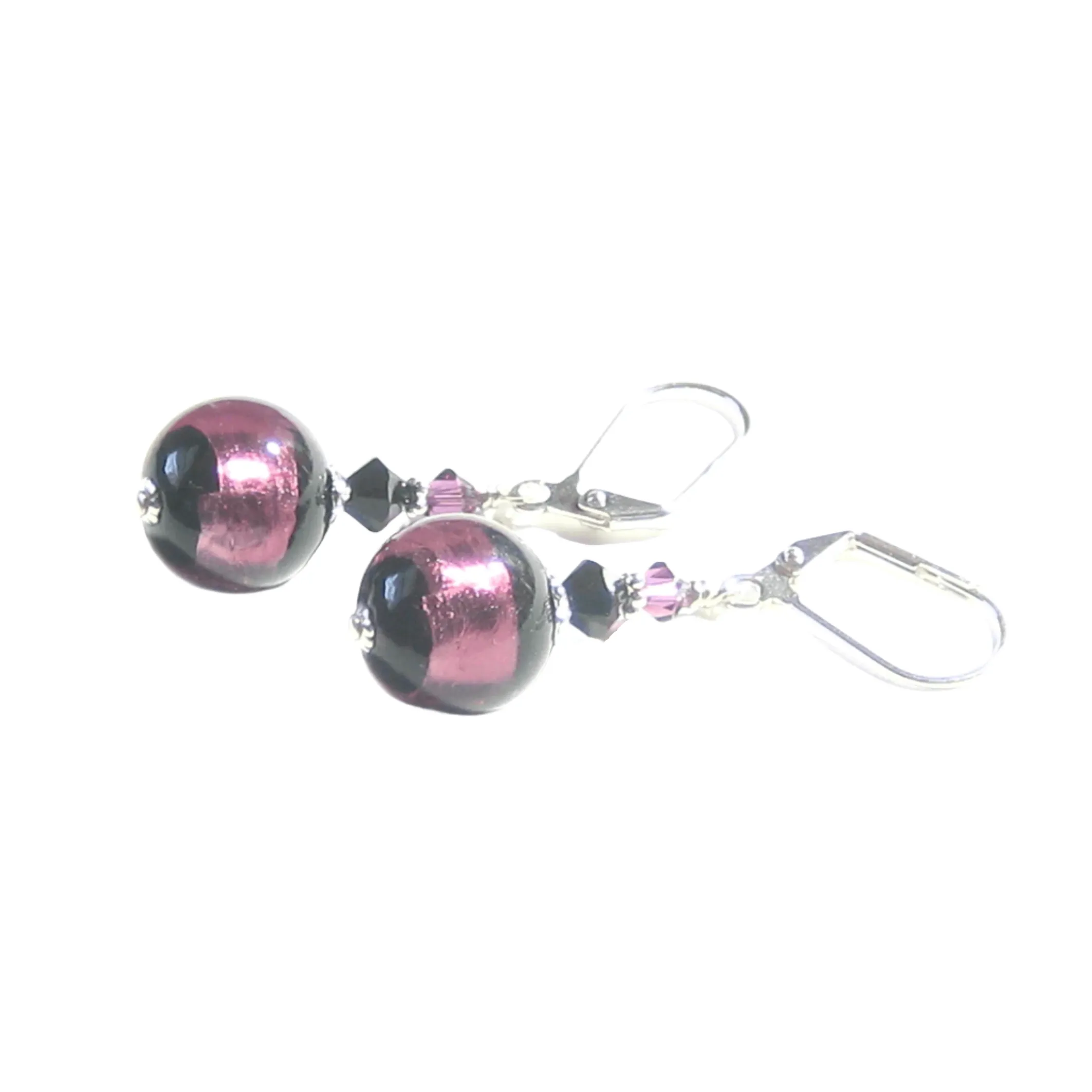 Murano Glass Black Purple Stripe Ball Sterling Silver Earrings
