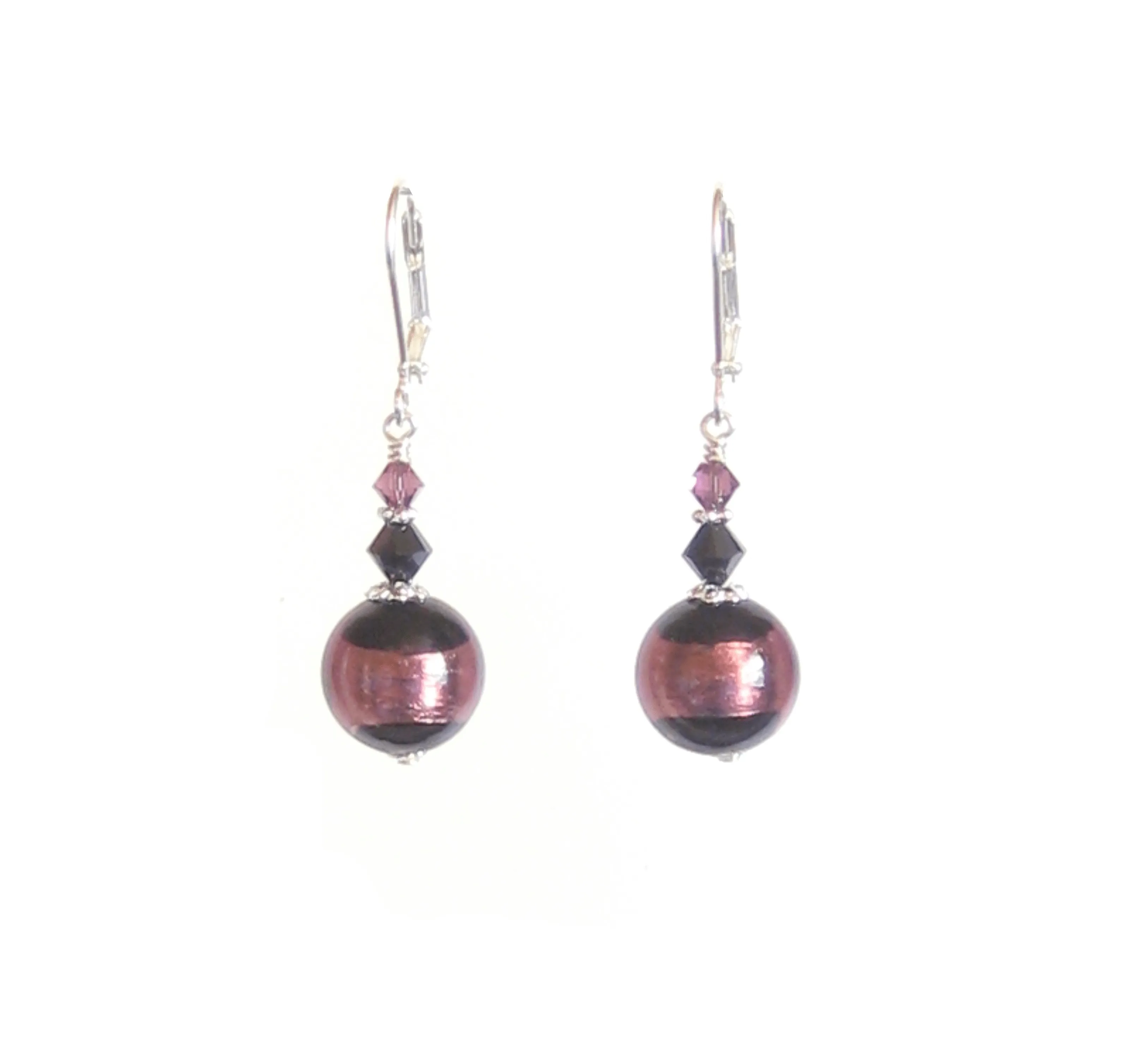 Murano Glass Black Purple Stripe Ball Sterling Silver Earrings