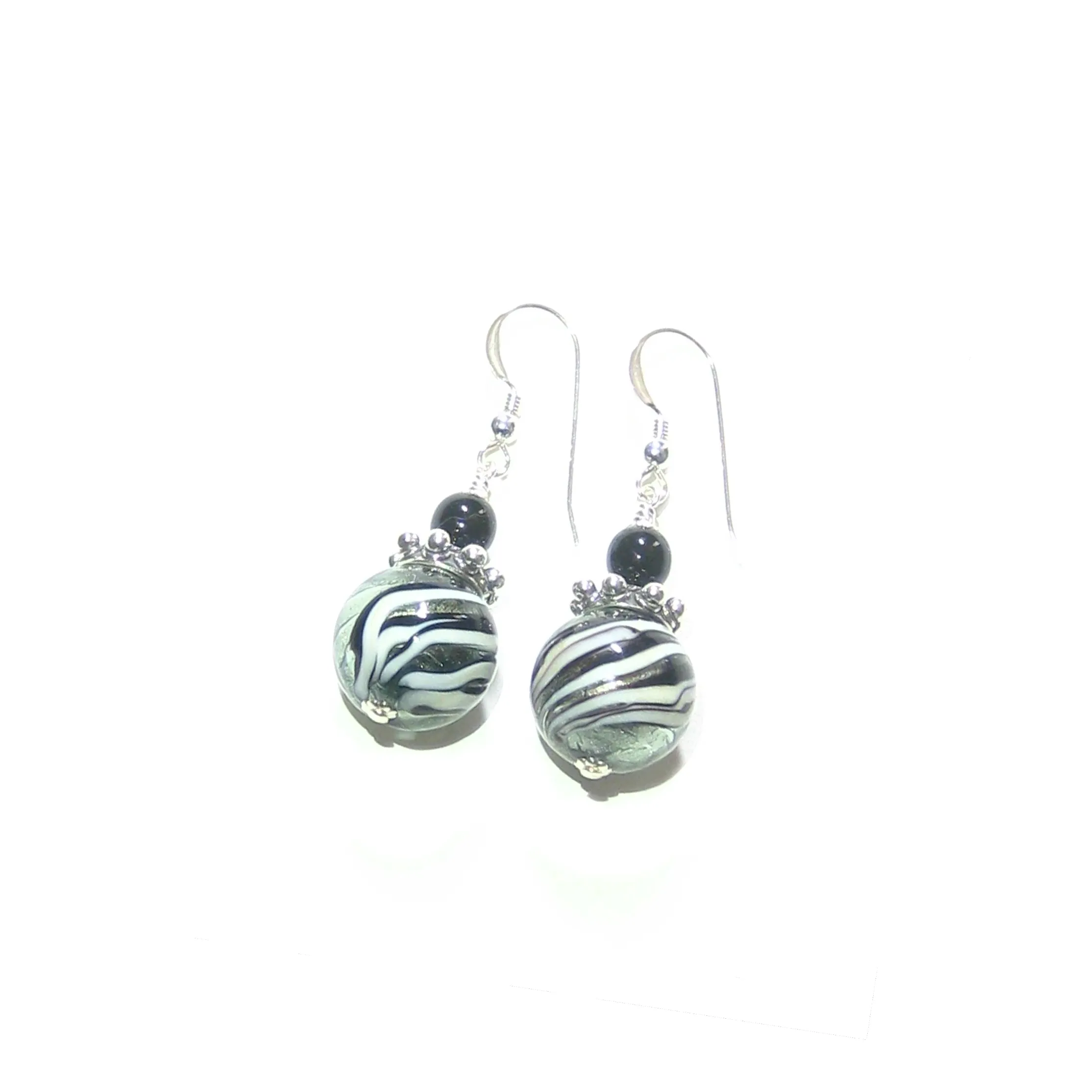 Murano Glass Black Steel Swirl Ball Silver Earrings, Italian Jewelry