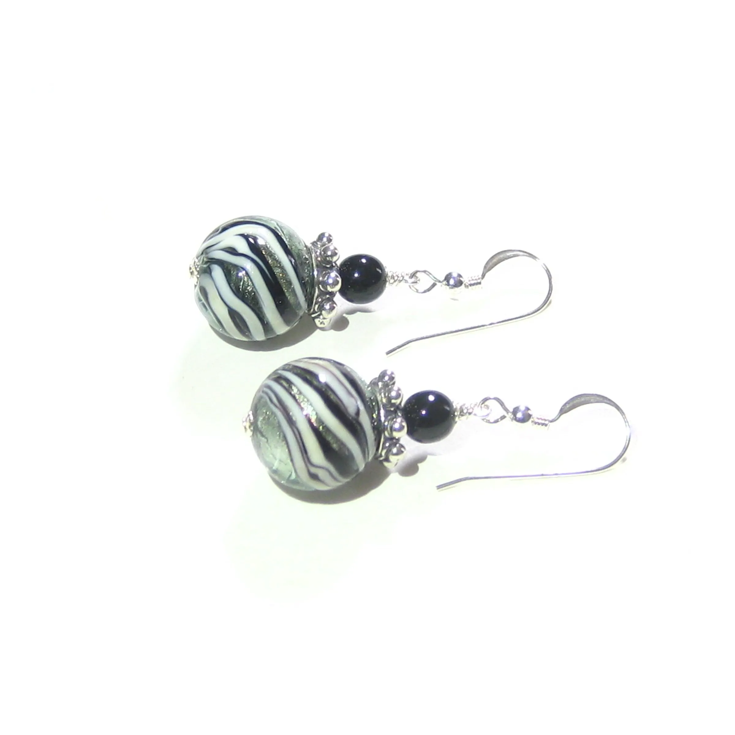 Murano Glass Black Steel Swirl Ball Silver Earrings, Italian Jewelry