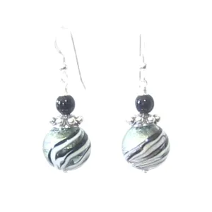 Murano Glass Black Steel Swirl Ball Silver Earrings, Italian Jewelry