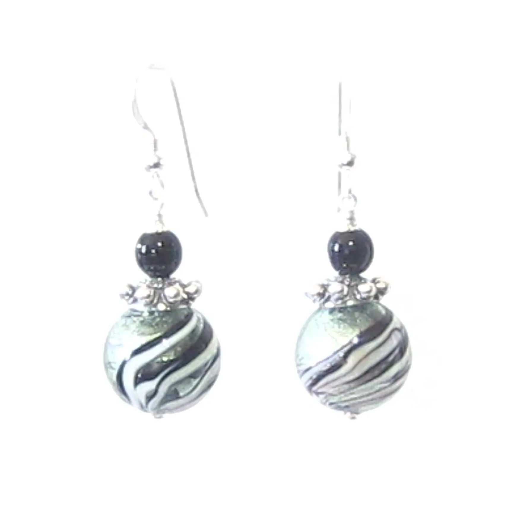 Murano Glass Black Steel Swirl Ball Silver Earrings, Italian Jewelry