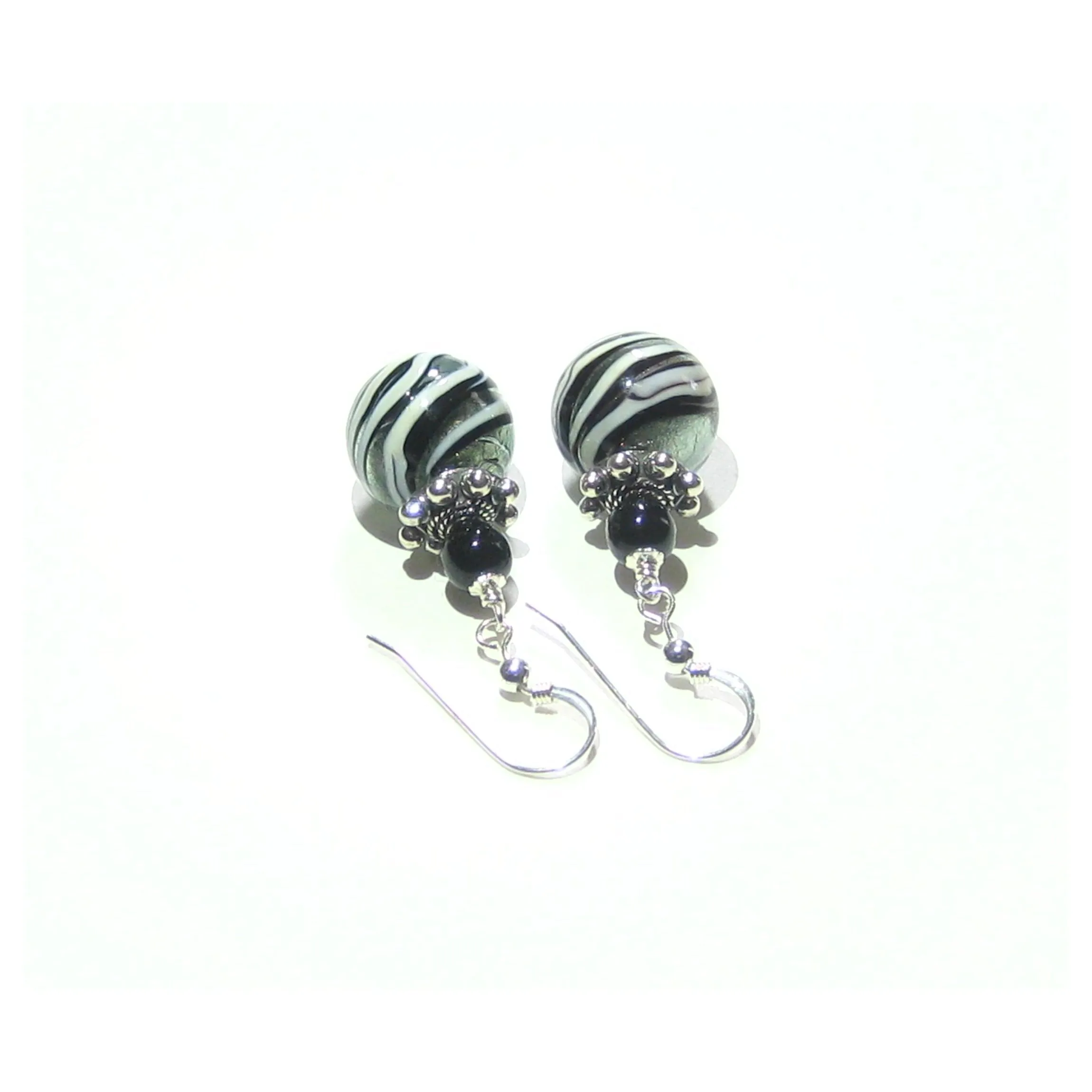 Murano Glass Black Steel Swirl Ball Silver Earrings, Italian Jewelry