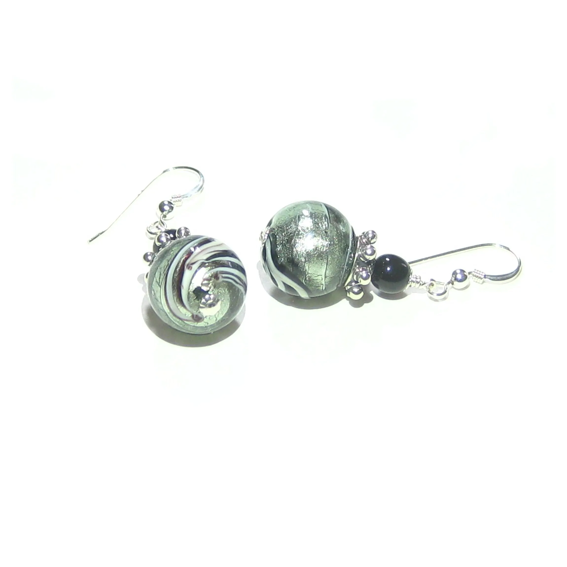 Murano Glass Black Steel Swirl Ball Silver Earrings, Italian Jewelry