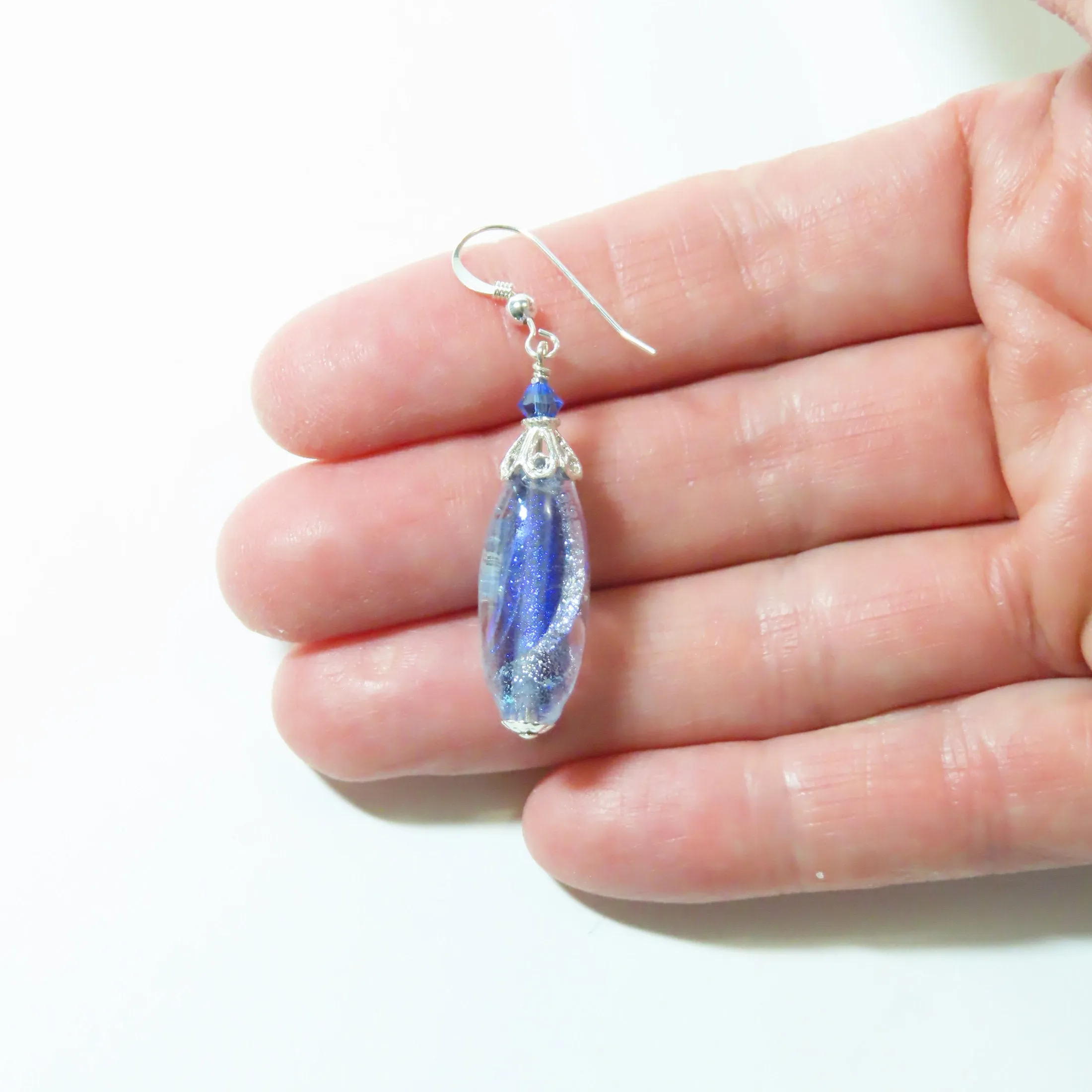 Murano Glass Blue Dichroic Oval Silver Earrings