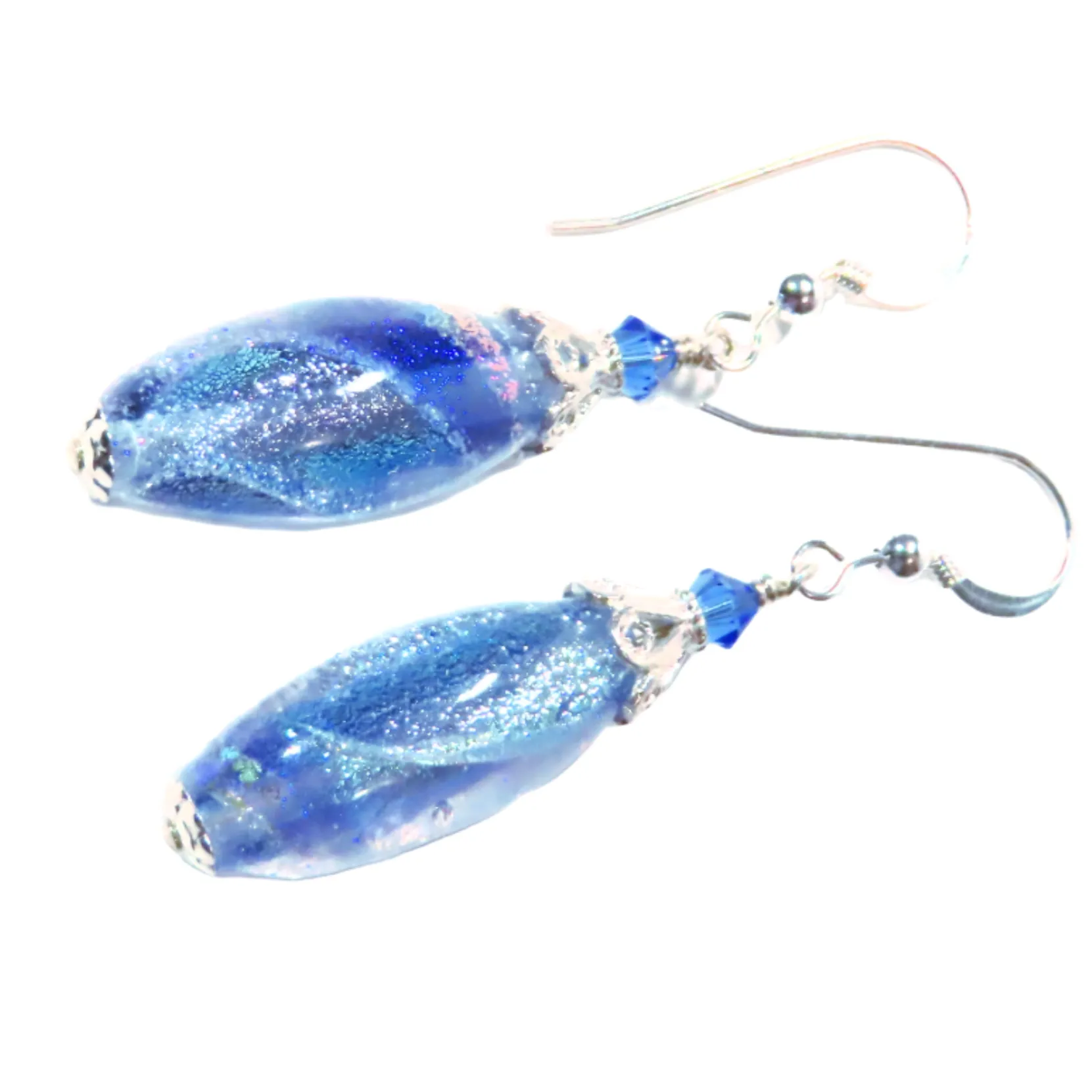 Murano Glass Blue Dichroic Oval Silver Earrings