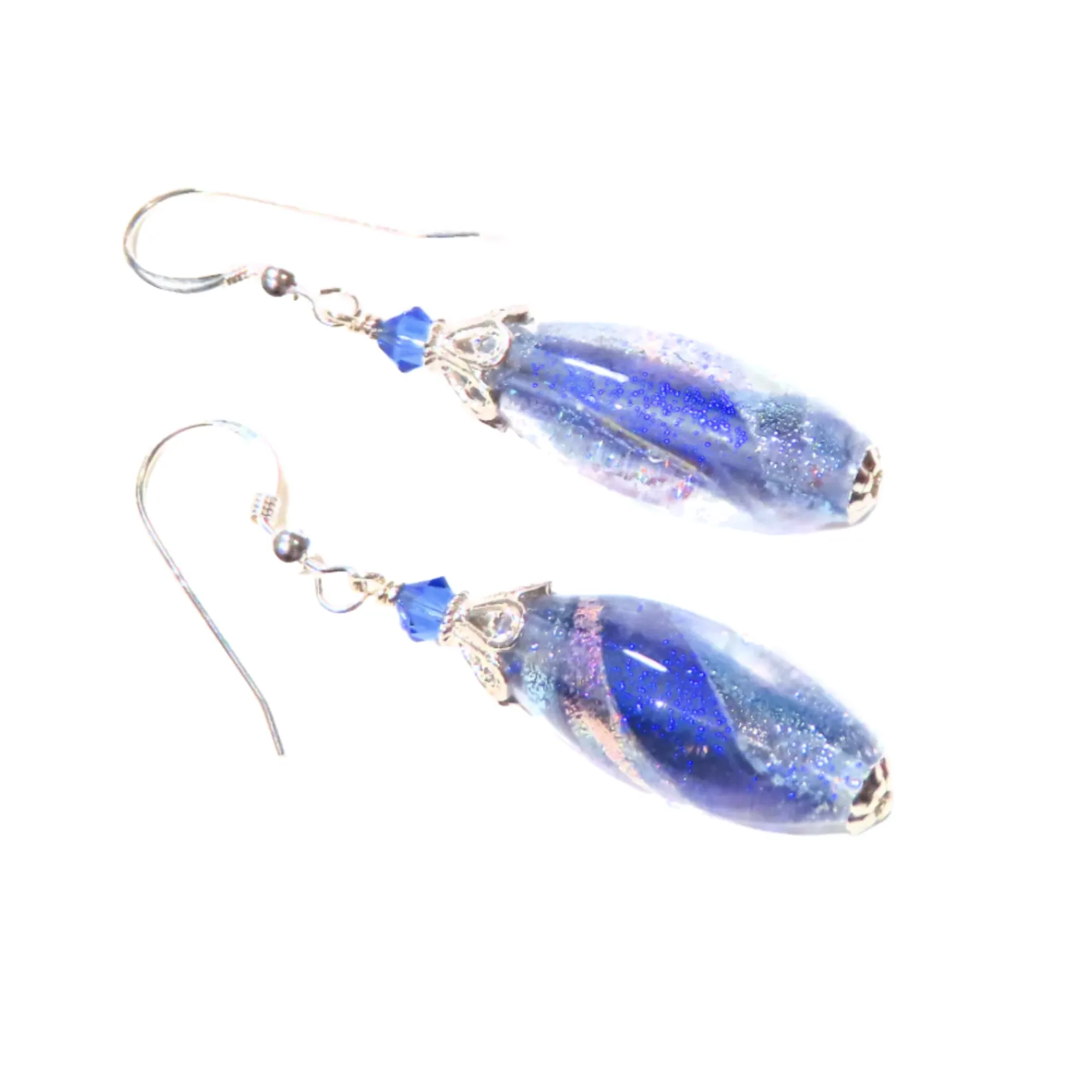 Murano Glass Blue Dichroic Oval Silver Earrings