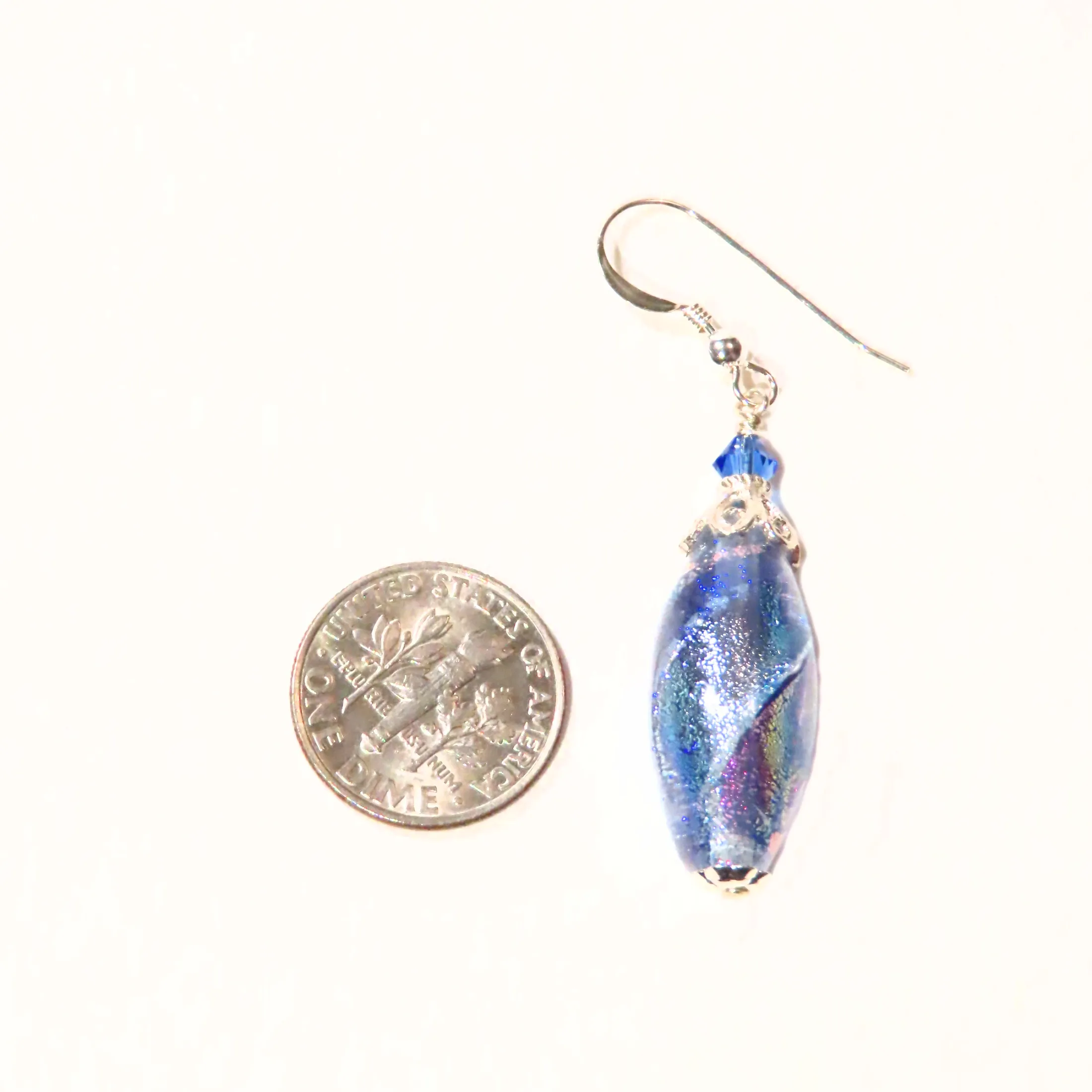 Murano Glass Blue Dichroic Oval Silver Earrings