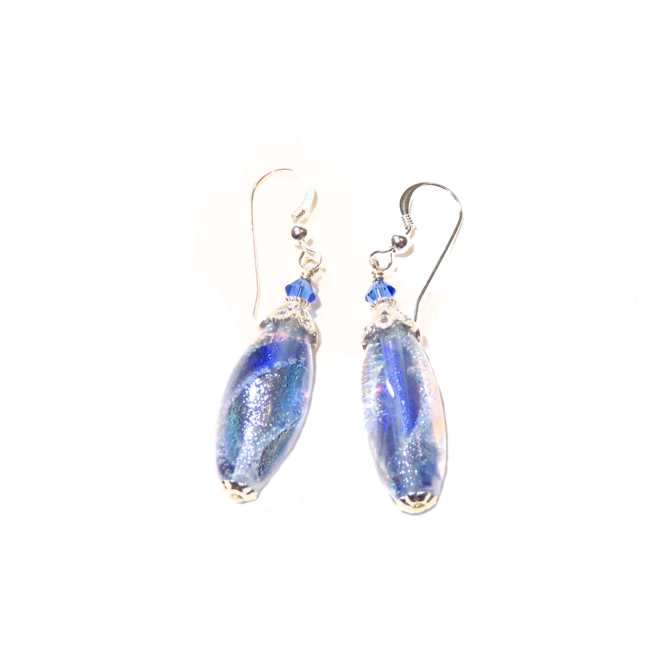 Murano Glass Blue Dichroic Oval Silver Earrings