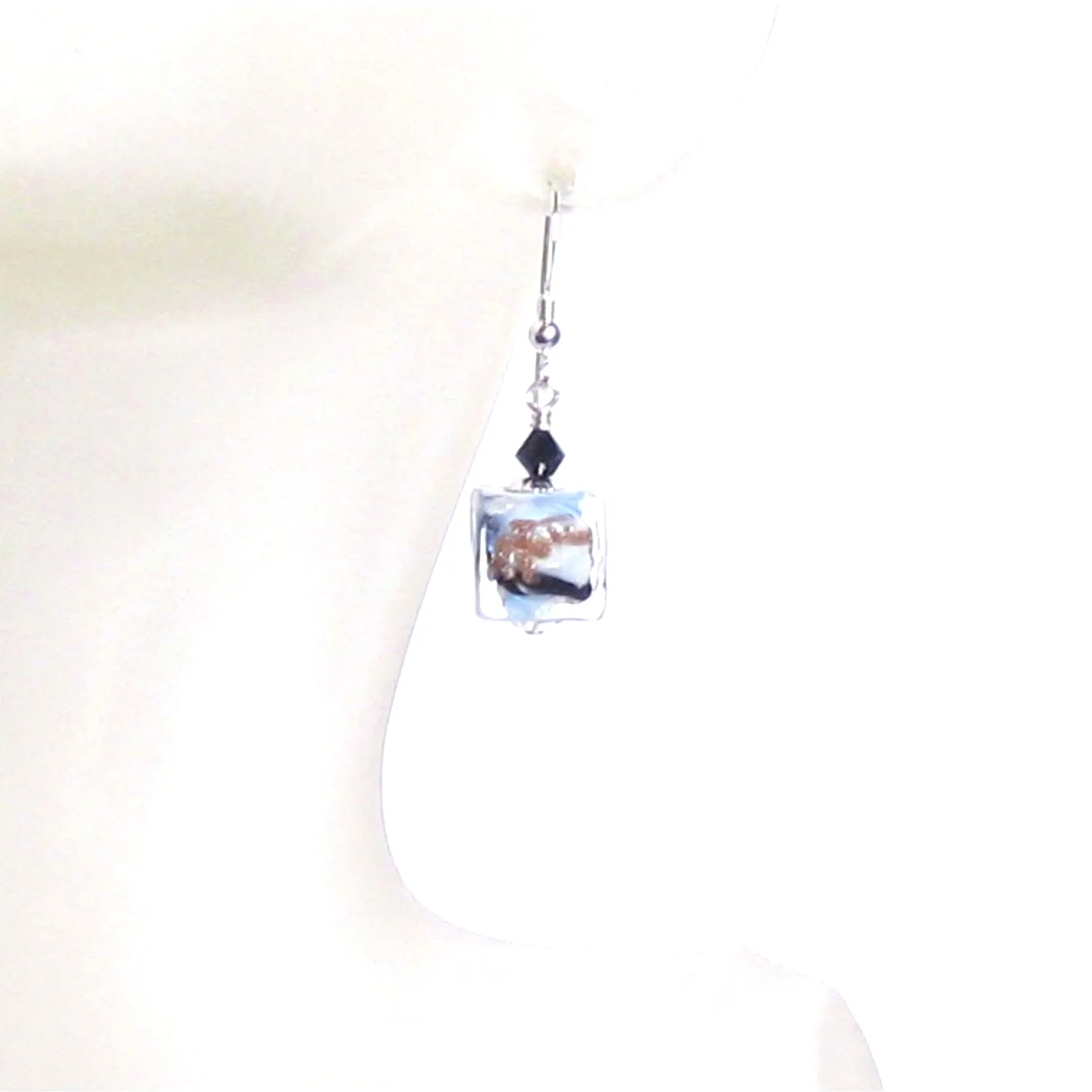 Murano Glass Blue White Black Leopard Cube Sterling Silver Earrings