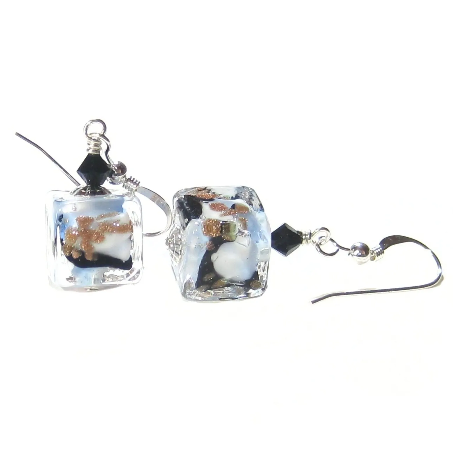 Murano Glass Blue White Black Leopard Cube Sterling Silver Earrings