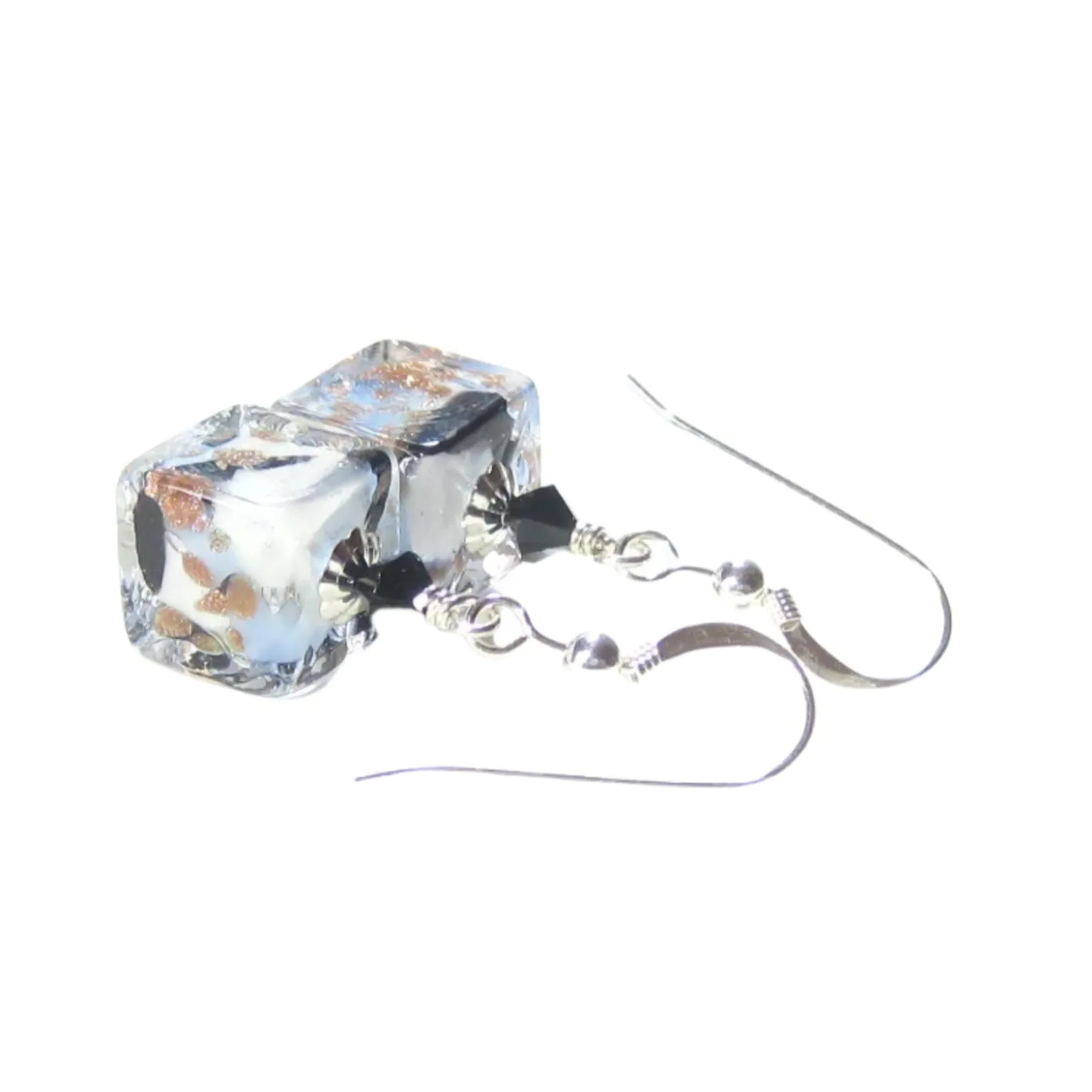 Murano Glass Blue White Black Leopard Cube Sterling Silver Earrings