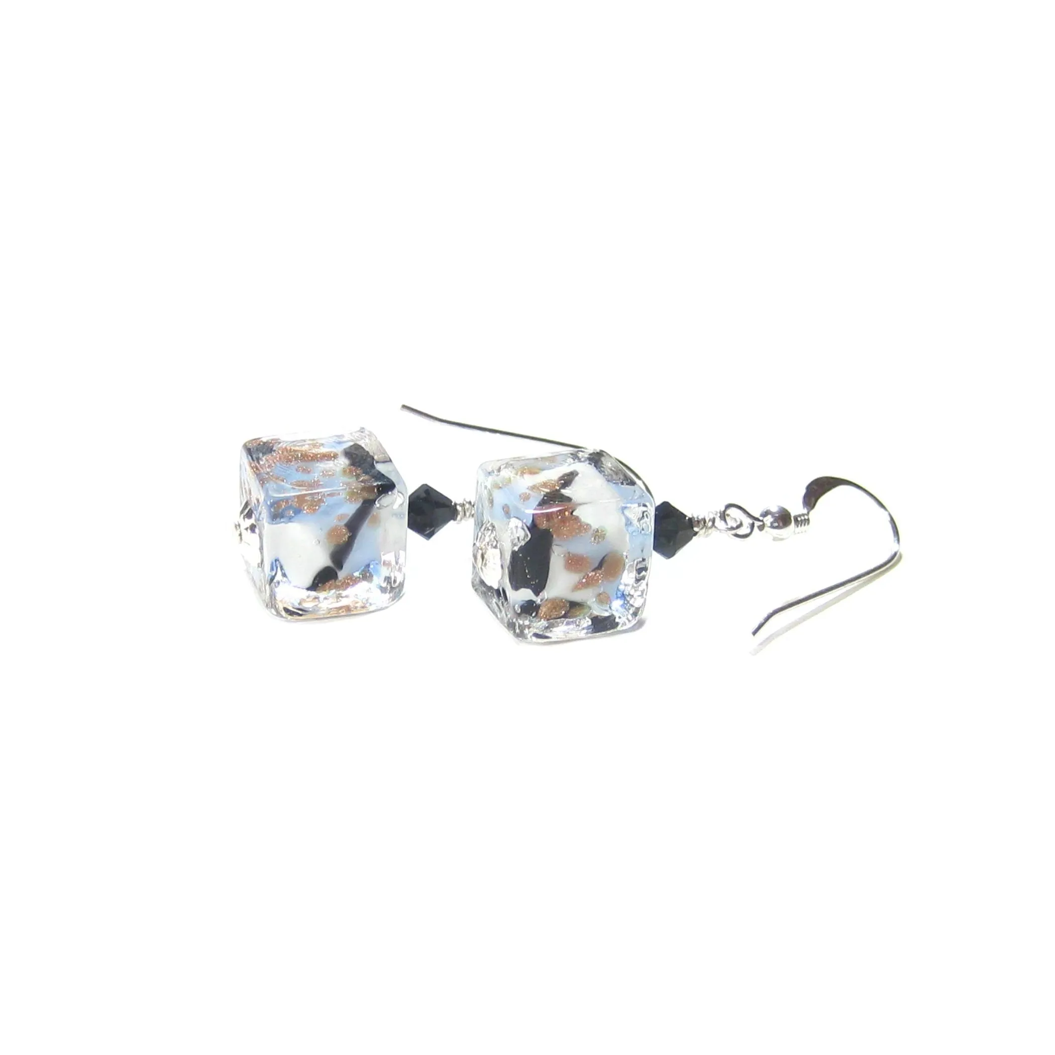 Murano Glass Blue White Black Leopard Cube Sterling Silver Earrings