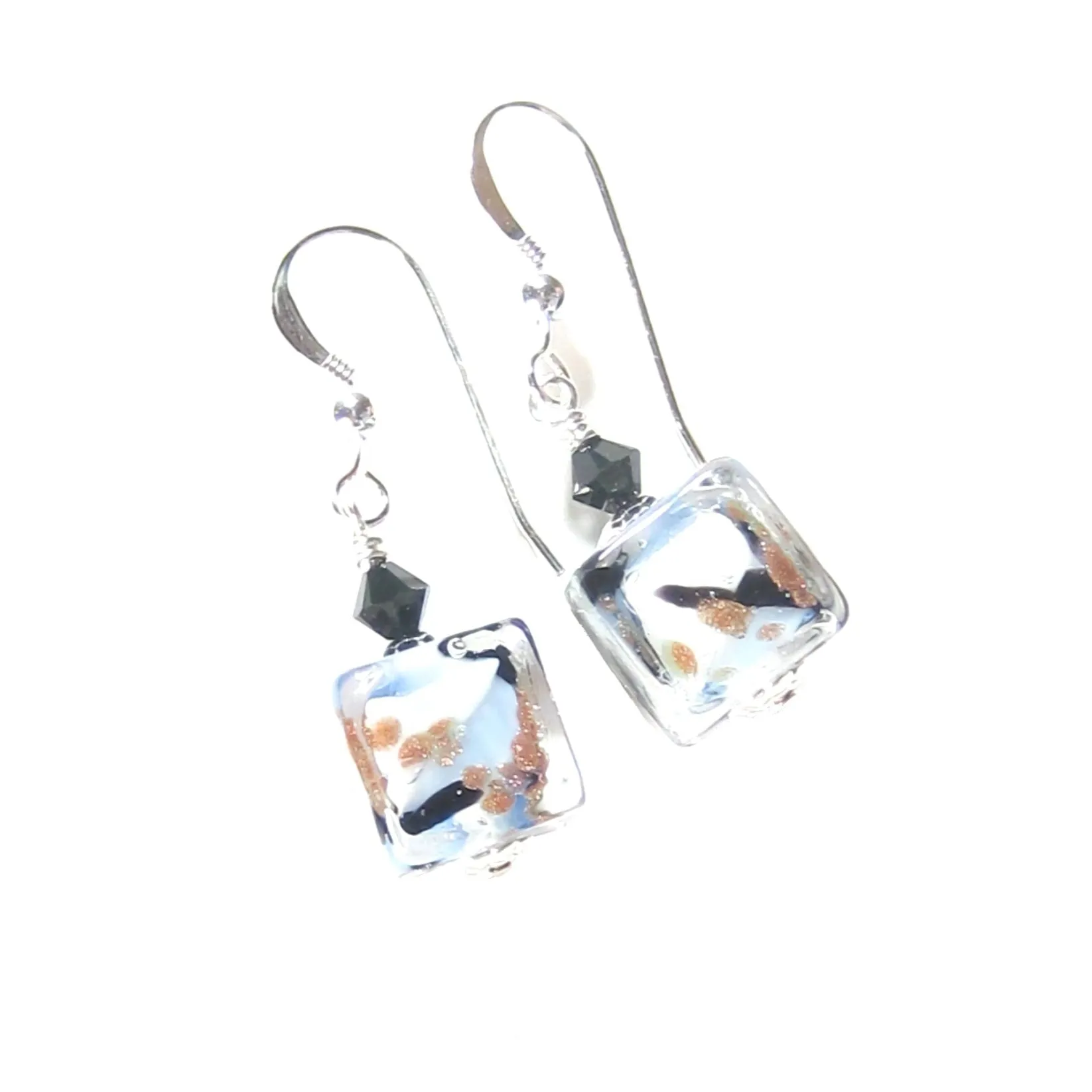 Murano Glass Blue White Black Leopard Cube Sterling Silver Earrings