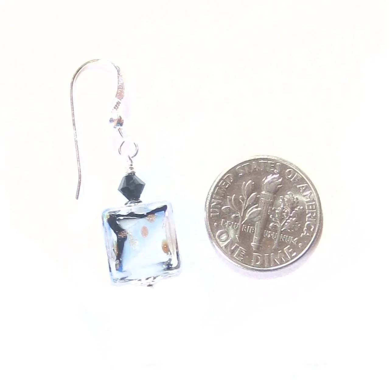 Murano Glass Blue White Black Leopard Cube Sterling Silver Earrings