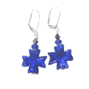 Murano Glass Cobalt Blue Celtic Cross Sterling Silver Earrings