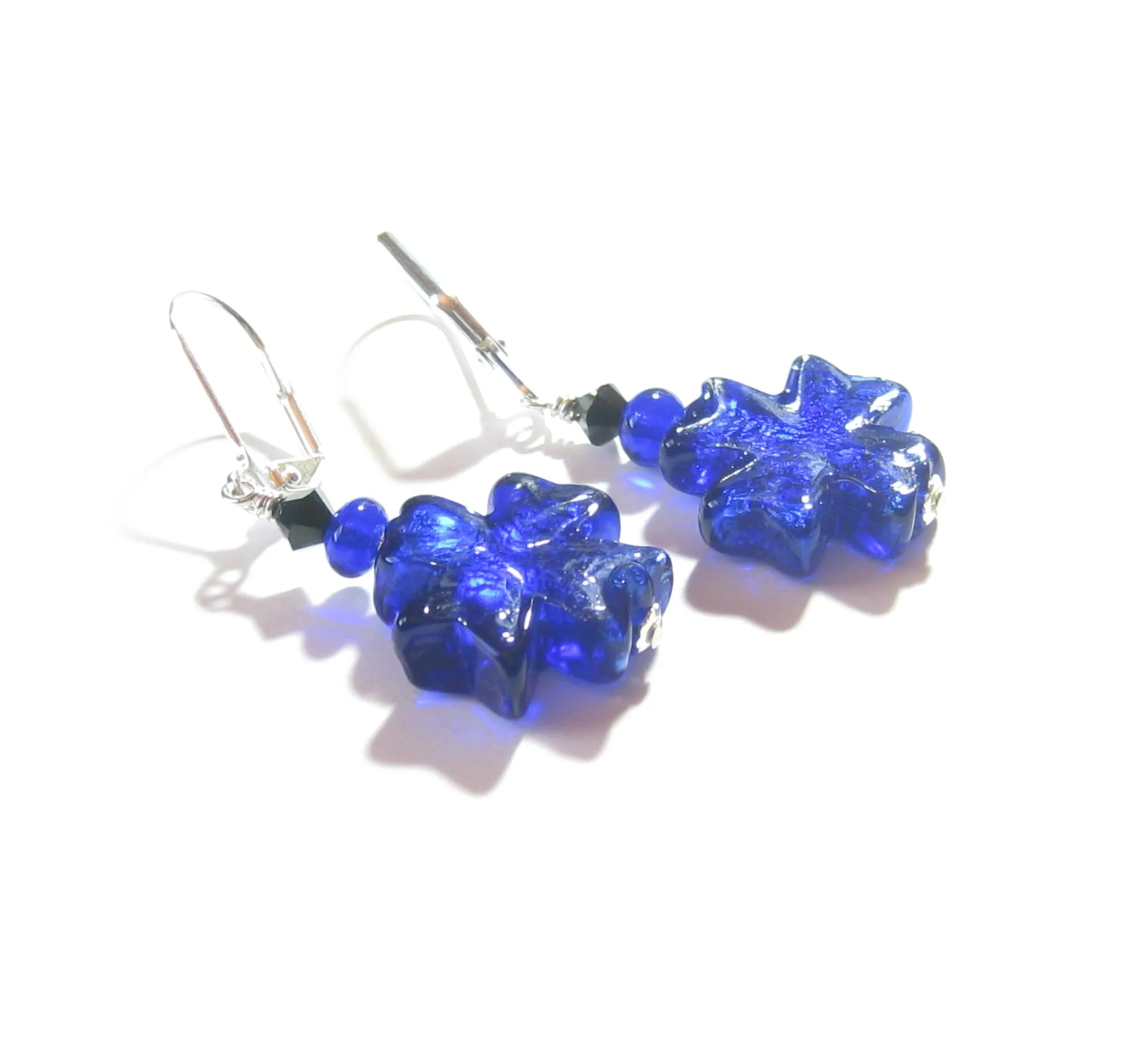 Murano Glass Cobalt Blue Celtic Cross Sterling Silver Earrings