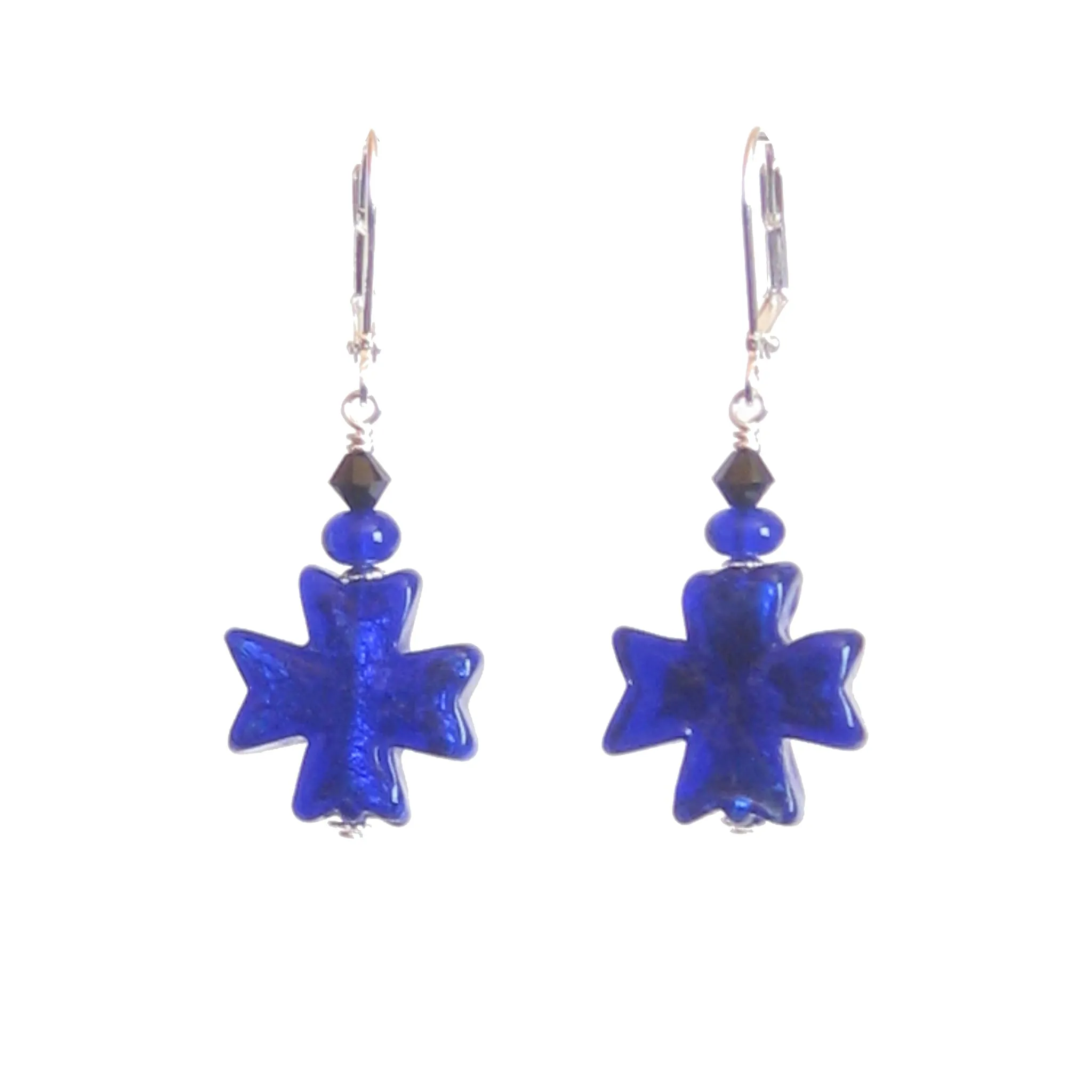 Murano Glass Cobalt Blue Celtic Cross Sterling Silver Earrings