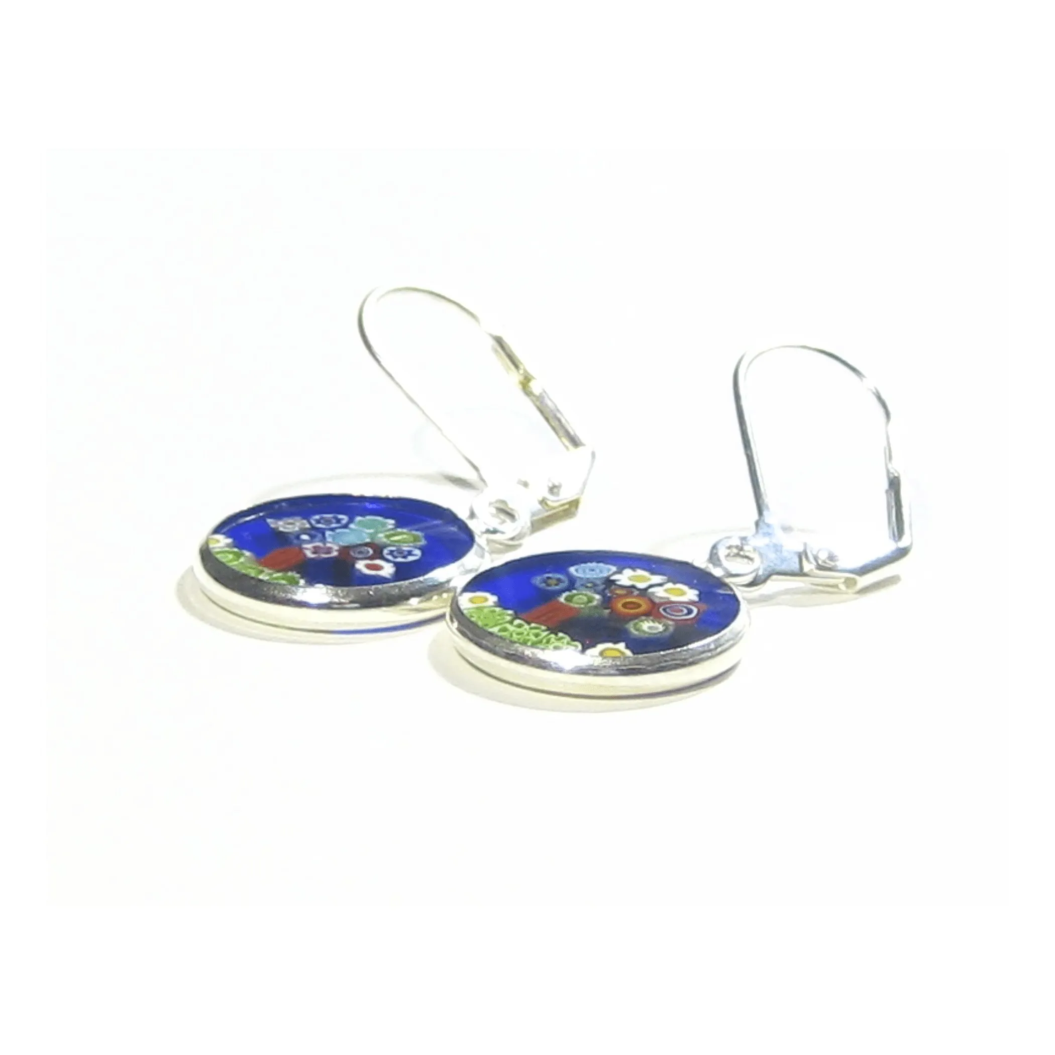 Murano Glass Colorful Tree of Life Blue Disc Sterling Silver Earrings
