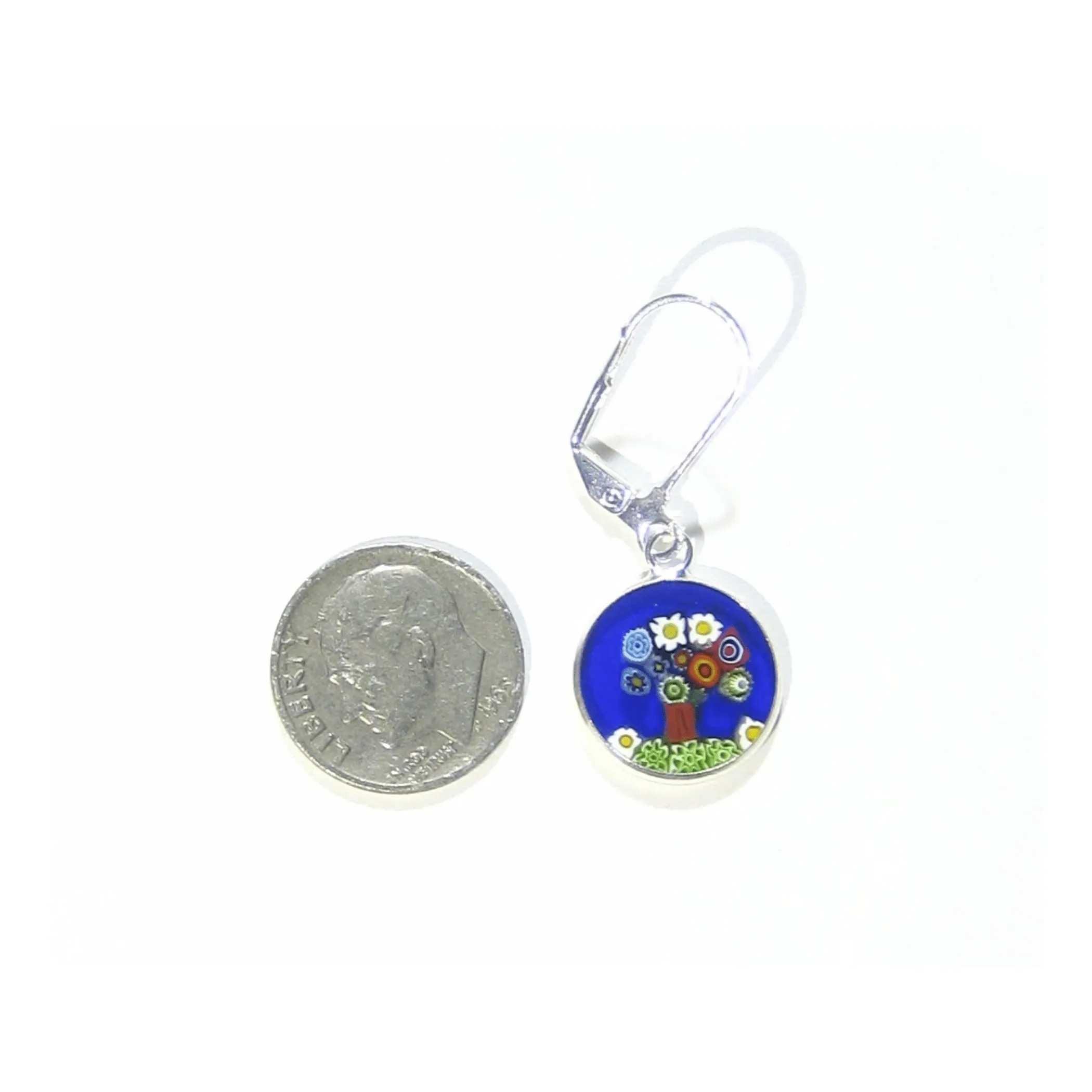 Murano Glass Colorful Tree of Life Blue Disc Sterling Silver Earrings
